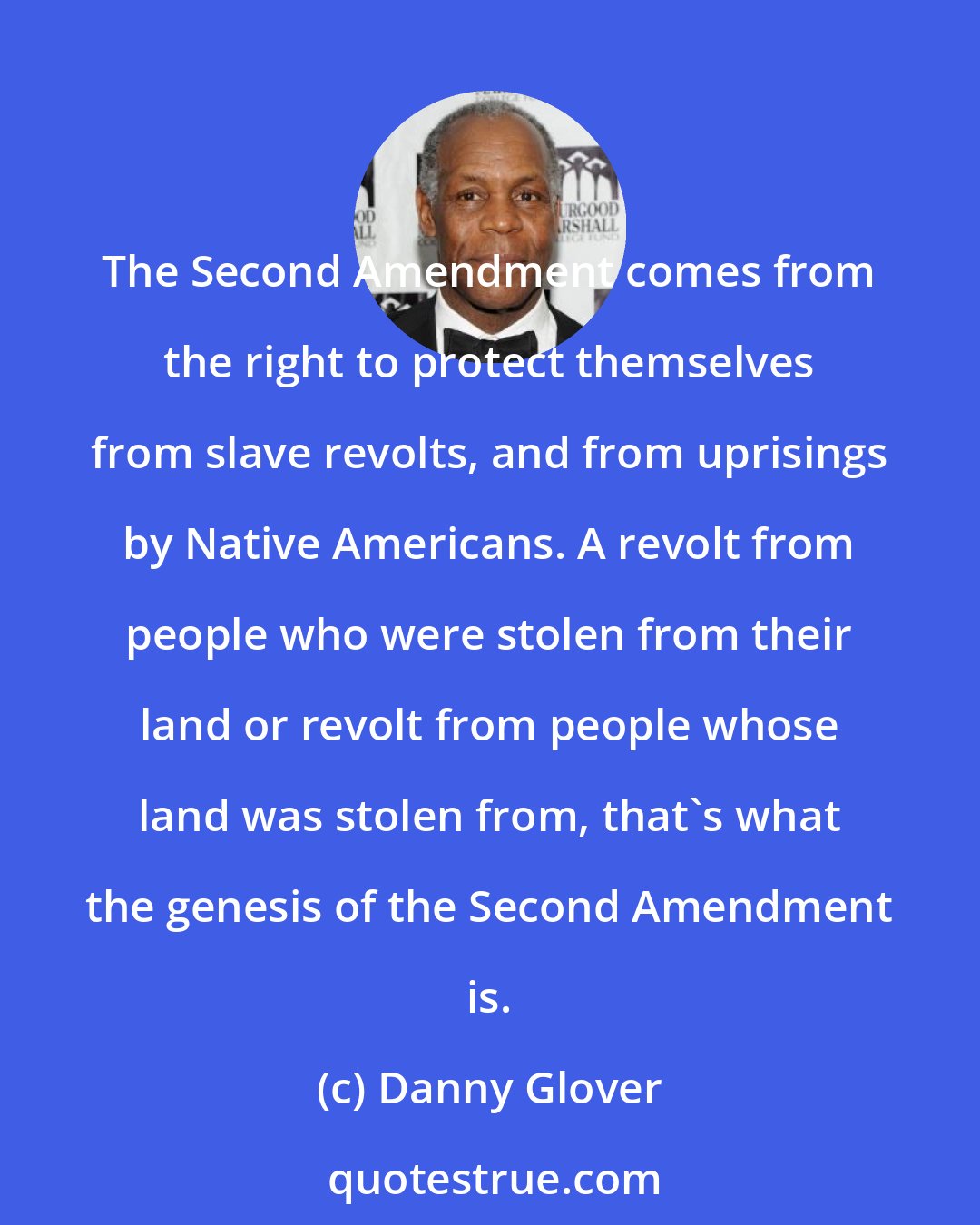 Danny Glover: The Second Amendment comes from the right to protect themselves from slave revolts, and from uprisings by Native Americans. A revolt from people who were stolen from their land or revolt from people whose land was stolen from, that's what the genesis of the Second Amendment is.