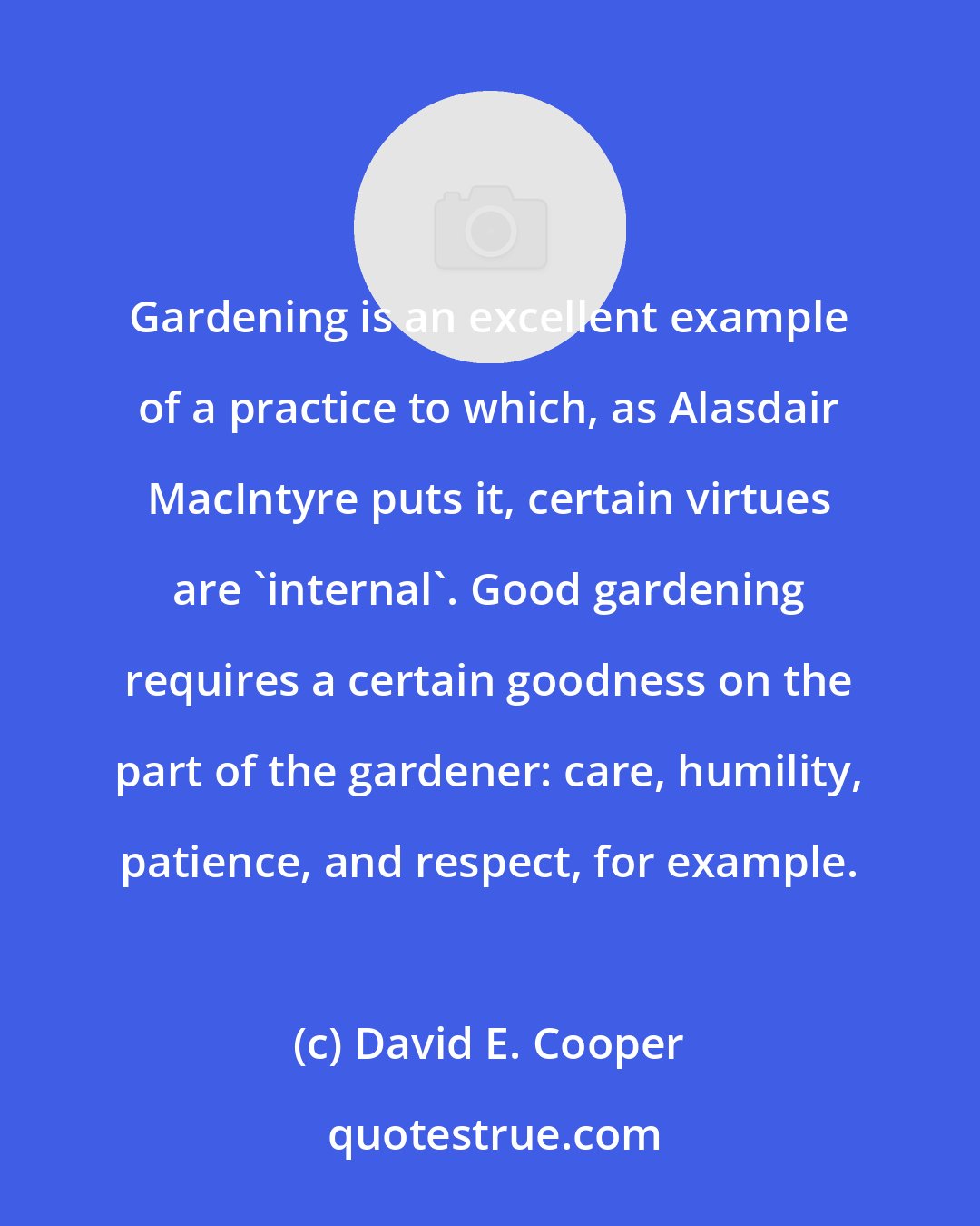 David E. Cooper: Gardening is an excellent example of a practice to which, as Alasdair MacIntyre puts it, certain virtues are 'internal'. Good gardening requires a certain goodness on the part of the gardener: care, humility, patience, and respect, for example.