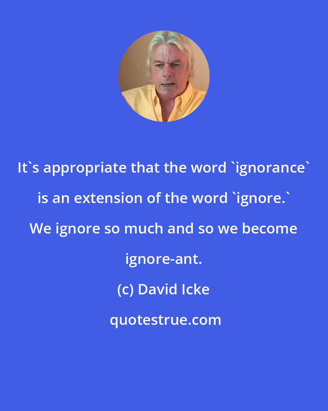 David Icke: It's appropriate that the word 'ignorance' is an extension of the word 'ignore.' We ignore so much and so we become ignore-ant.