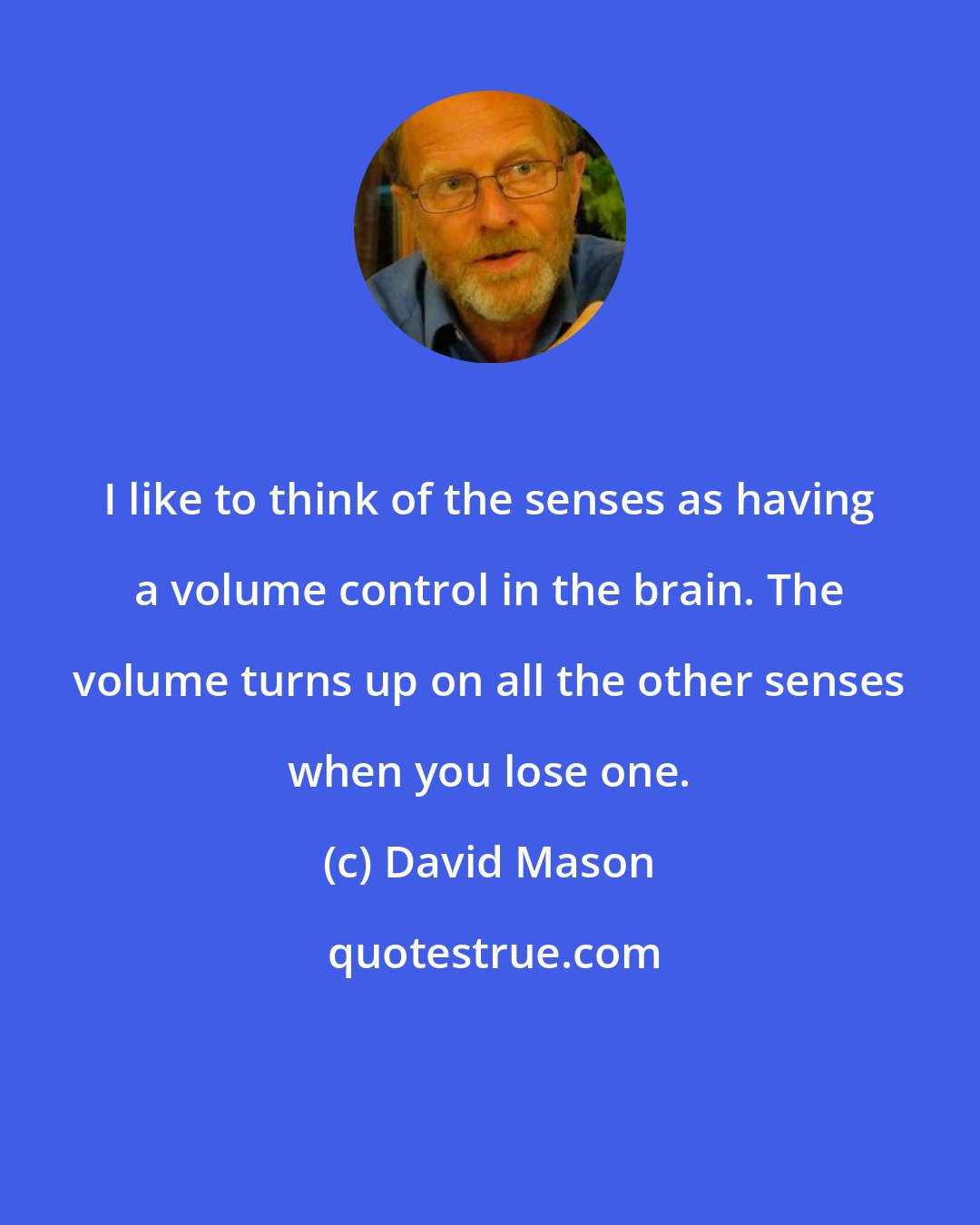 David Mason: I like to think of the senses as having a volume control in the brain. The volume turns up on all the other senses when you lose one.