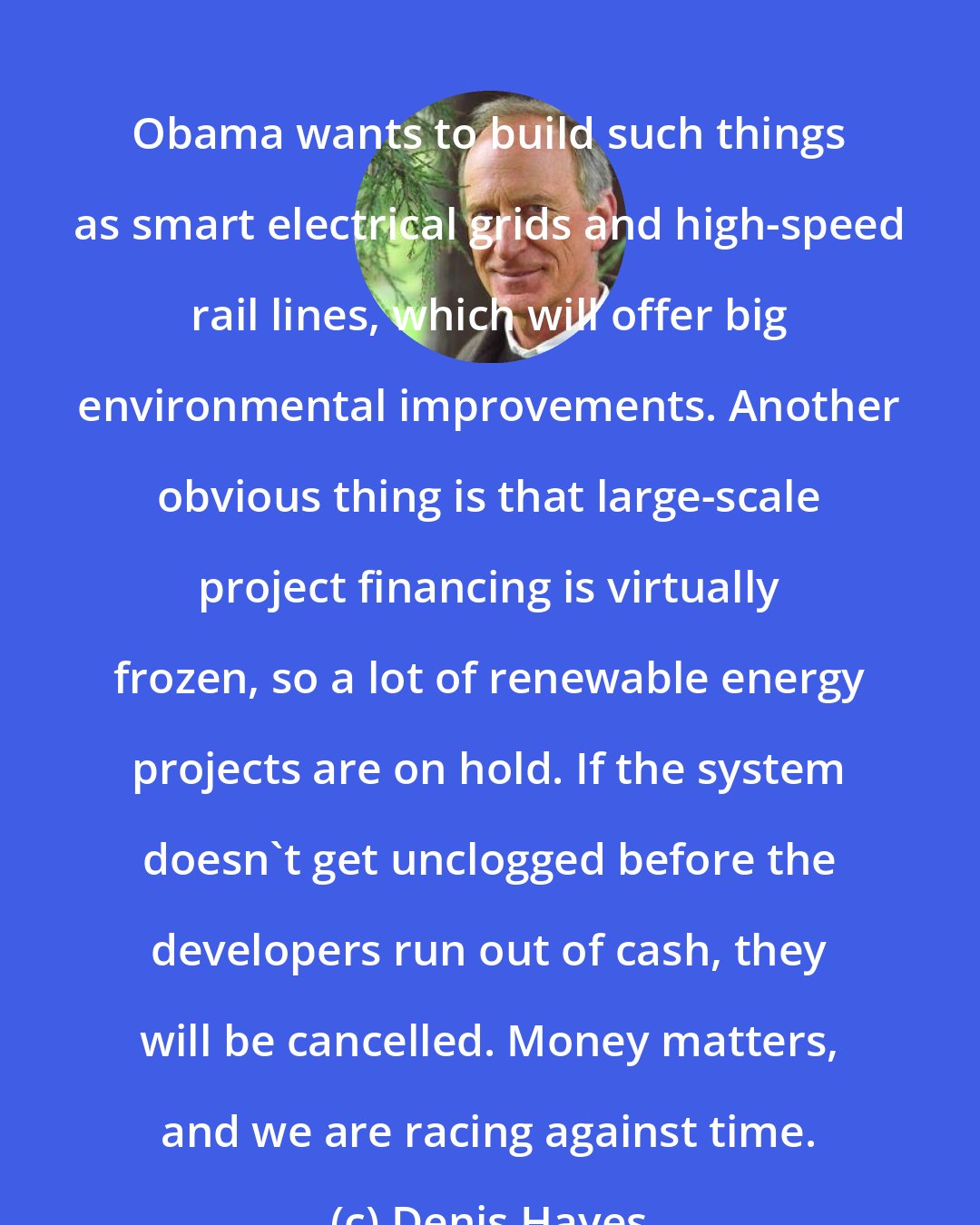 Denis Hayes: Obama wants to build such things as smart electrical grids and high-speed rail lines, which will offer big environmental improvements. Another obvious thing is that large-scale project financing is virtually frozen, so a lot of renewable energy projects are on hold. If the system doesn't get unclogged before the developers run out of cash, they will be cancelled. Money matters, and we are racing against time.