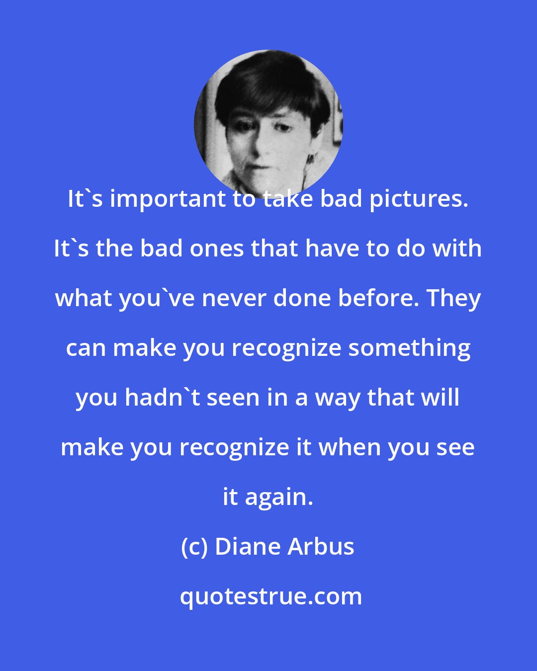 Diane Arbus: It's important to take bad pictures. It's the bad ones that have to do with what you've never done before. They can make you recognize something you hadn't seen in a way that will make you recognize it when you see it again.