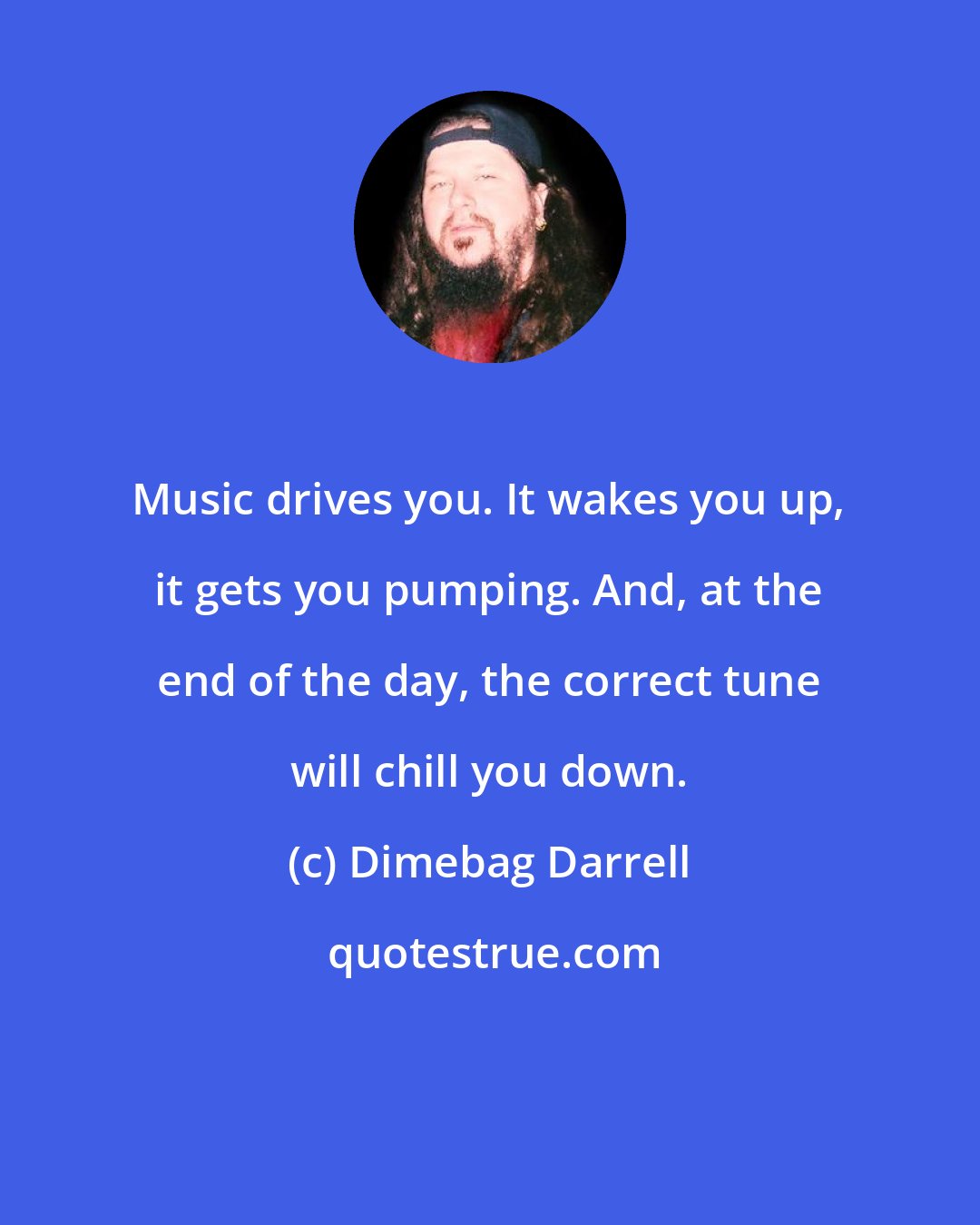 Dimebag Darrell: Music drives you. It wakes you up, it gets you pumping. And, at the end of the day, the correct tune will chill you down.