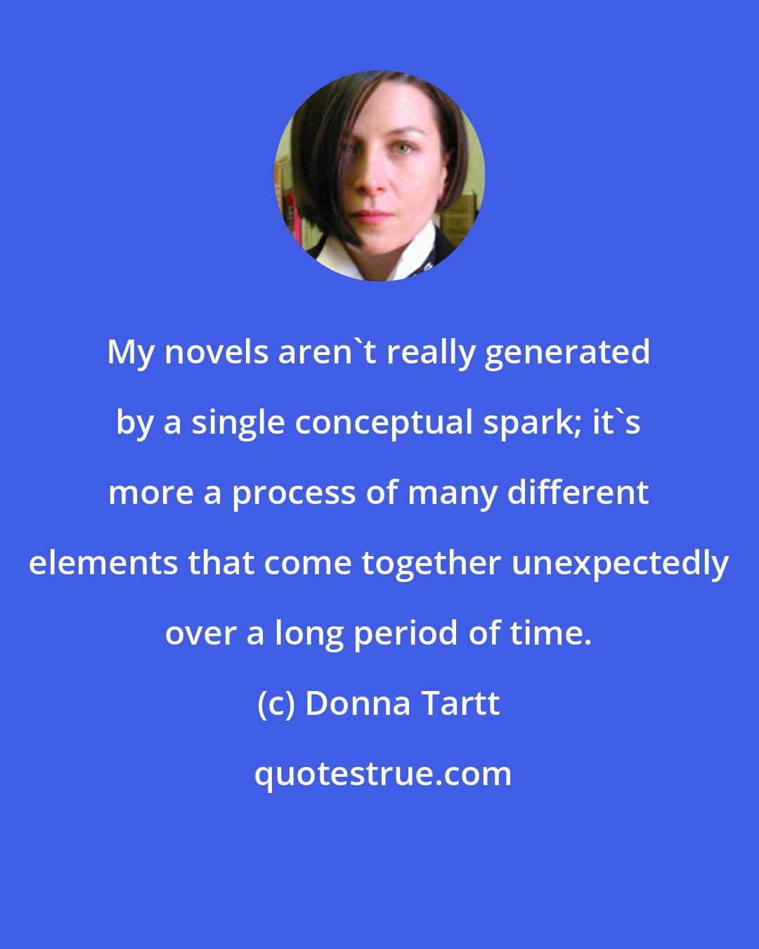 Donna Tartt: My novels aren't really generated by a single conceptual spark; it's more a process of many different elements that come together unexpectedly over a long period of time.