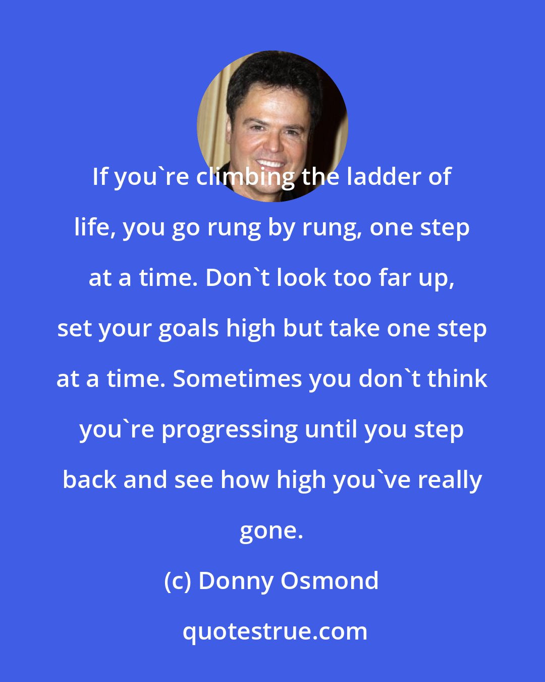 Donny Osmond: If you're climbing the ladder of life, you go rung by rung, one step at a time. Don't look too far up, set your goals high but take one step at a time. Sometimes you don't think you're progressing until you step back and see how high you've really gone.