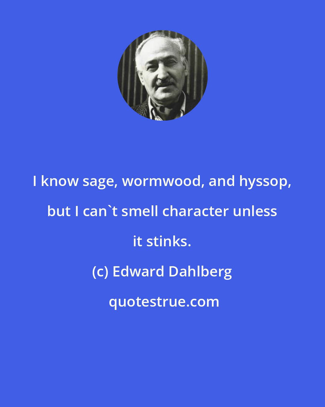 Edward Dahlberg: I know sage, wormwood, and hyssop, but I can't smell character unless it stinks.