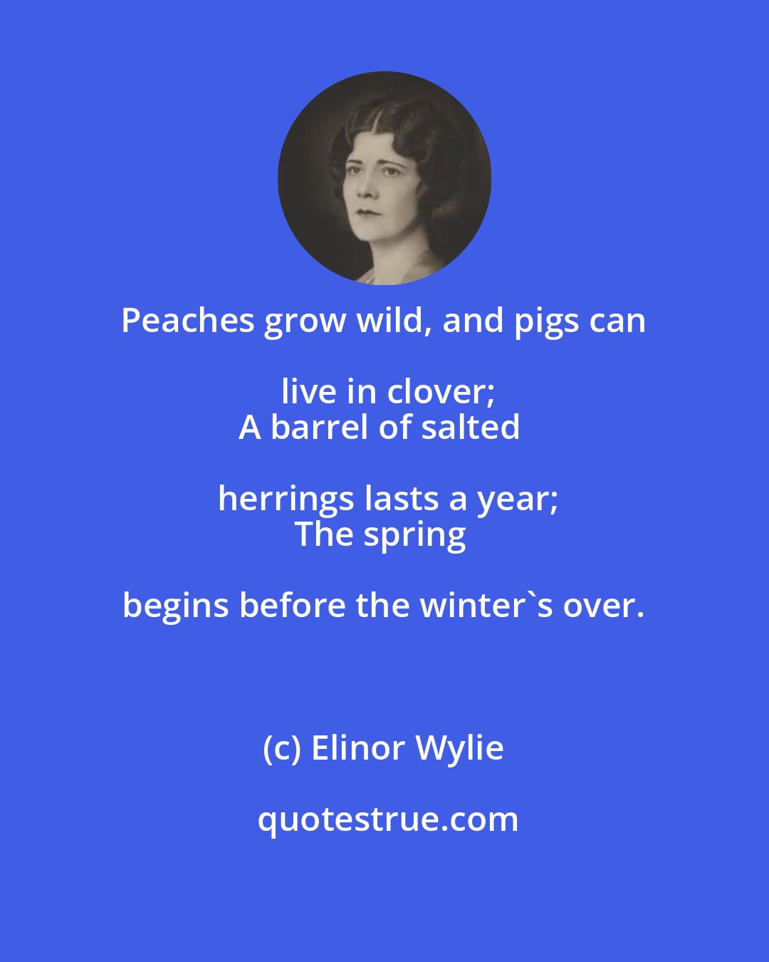 Elinor Wylie: Peaches grow wild, and pigs can live in clover;
A barrel of salted herrings lasts a year;
The spring begins before the winter's over.