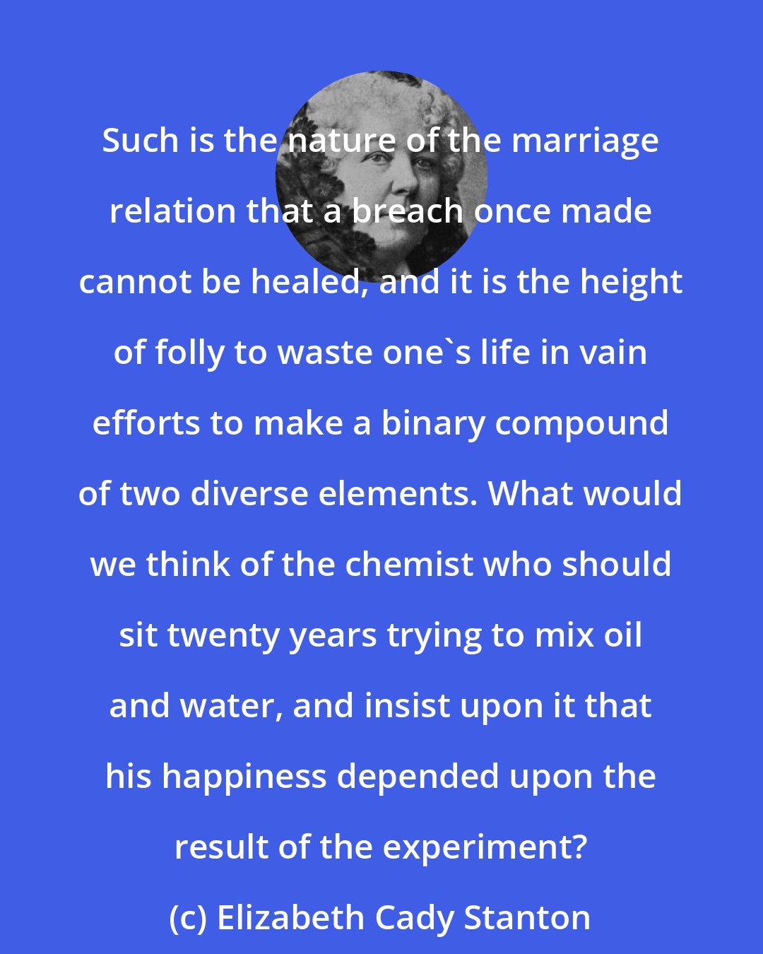 Elizabeth Cady Stanton: Such is the nature of the marriage relation that a breach once made cannot be healed, and it is the height of folly to waste one's life in vain efforts to make a binary compound of two diverse elements. What would we think of the chemist who should sit twenty years trying to mix oil and water, and insist upon it that his happiness depended upon the result of the experiment?