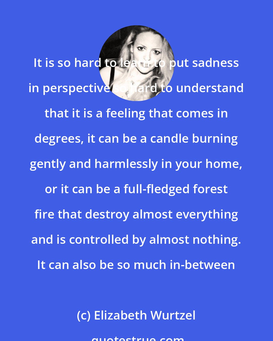 Elizabeth Wurtzel: It is so hard to learn to put sadness in perspective so hard to understand that it is a feeling that comes in degrees, it can be a candle burning gently and harmlessly in your home, or it can be a full-fledged forest fire that destroy almost everything and is controlled by almost nothing. It can also be so much in-between