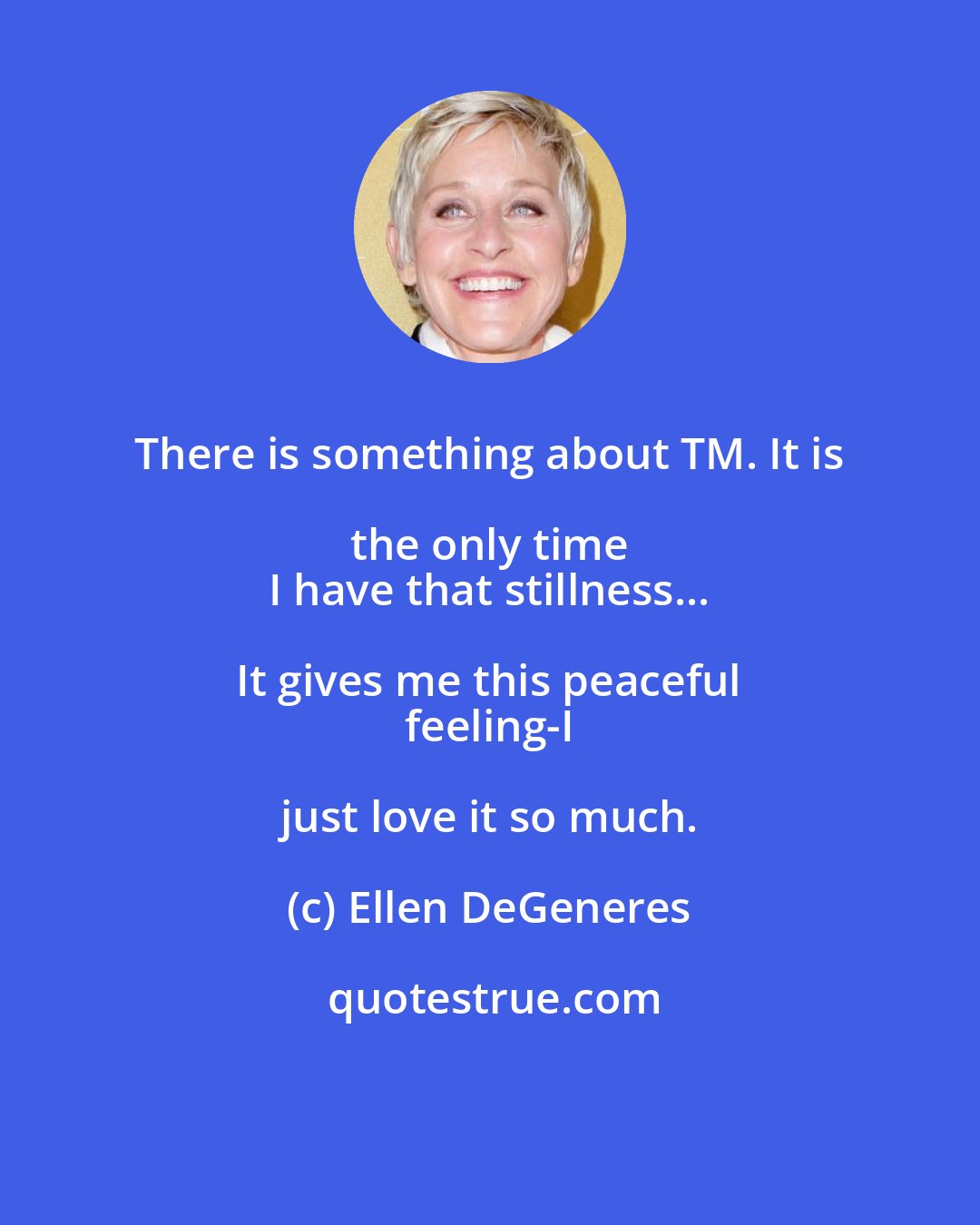 Ellen DeGeneres: There is something about TM. It is the only time 
 I have that stillness... It gives me this peaceful 
 feeling-I just love it so much.