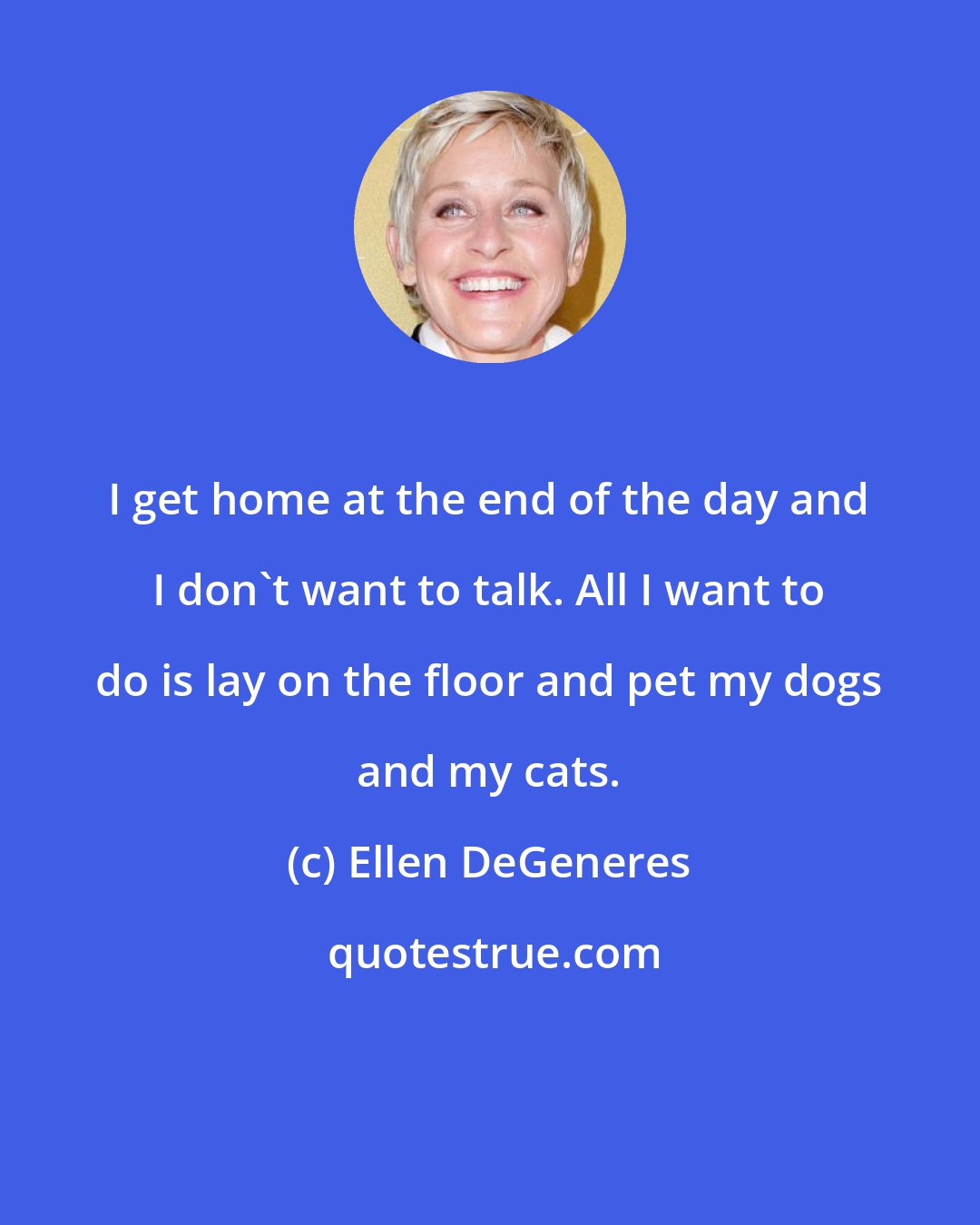 Ellen DeGeneres: I get home at the end of the day and I don't want to talk. All I want to do is lay on the floor and pet my dogs and my cats.