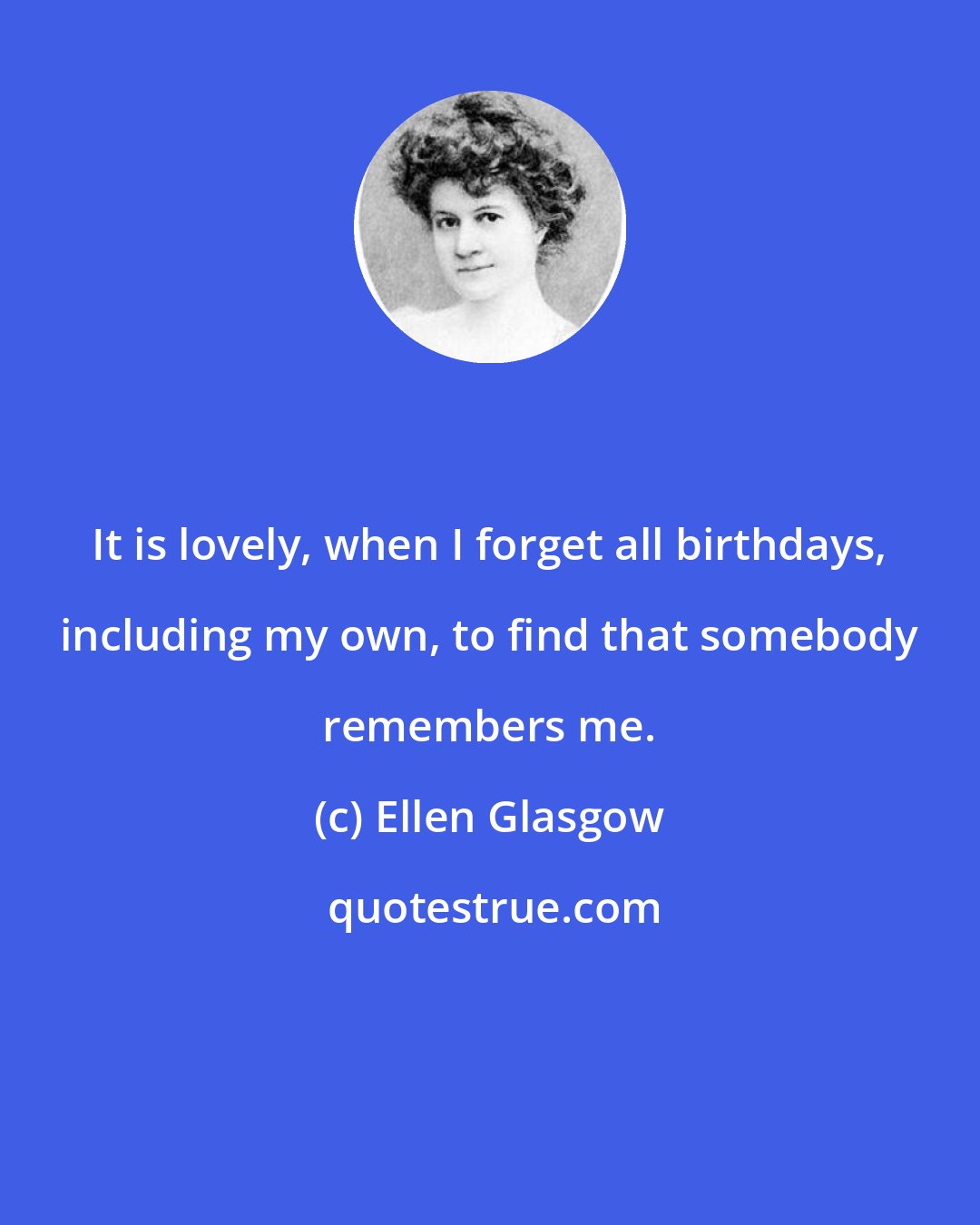 Ellen Glasgow: It is lovely, when I forget all birthdays, including my own, to find that somebody remembers me.