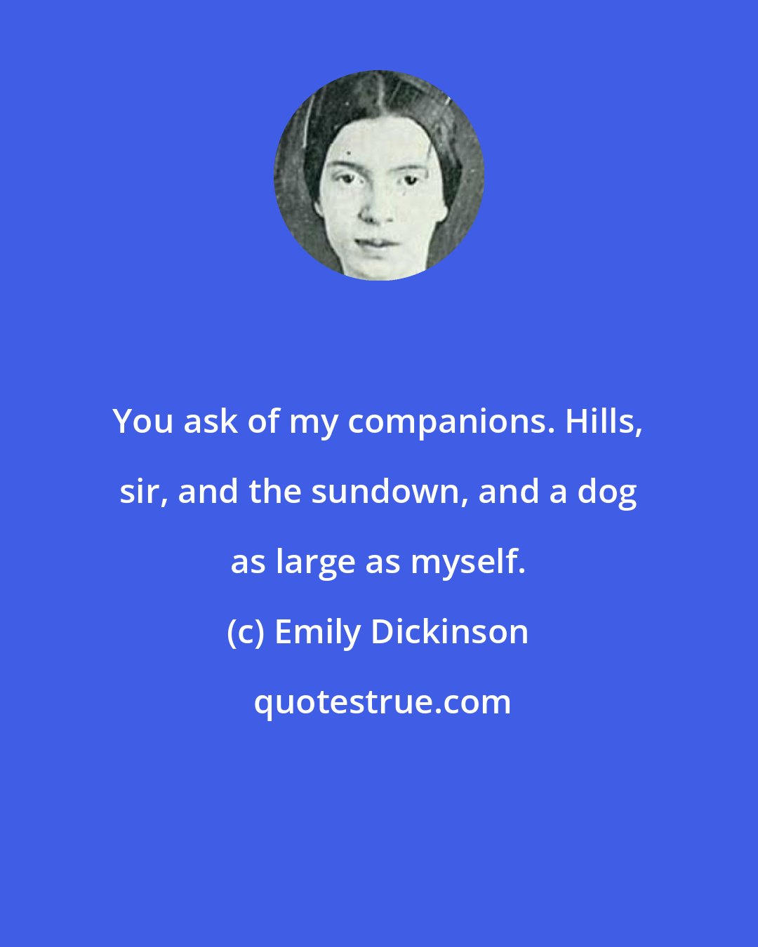 Emily Dickinson: You ask of my companions. Hills, sir, and the sundown, and a dog as large as myself.