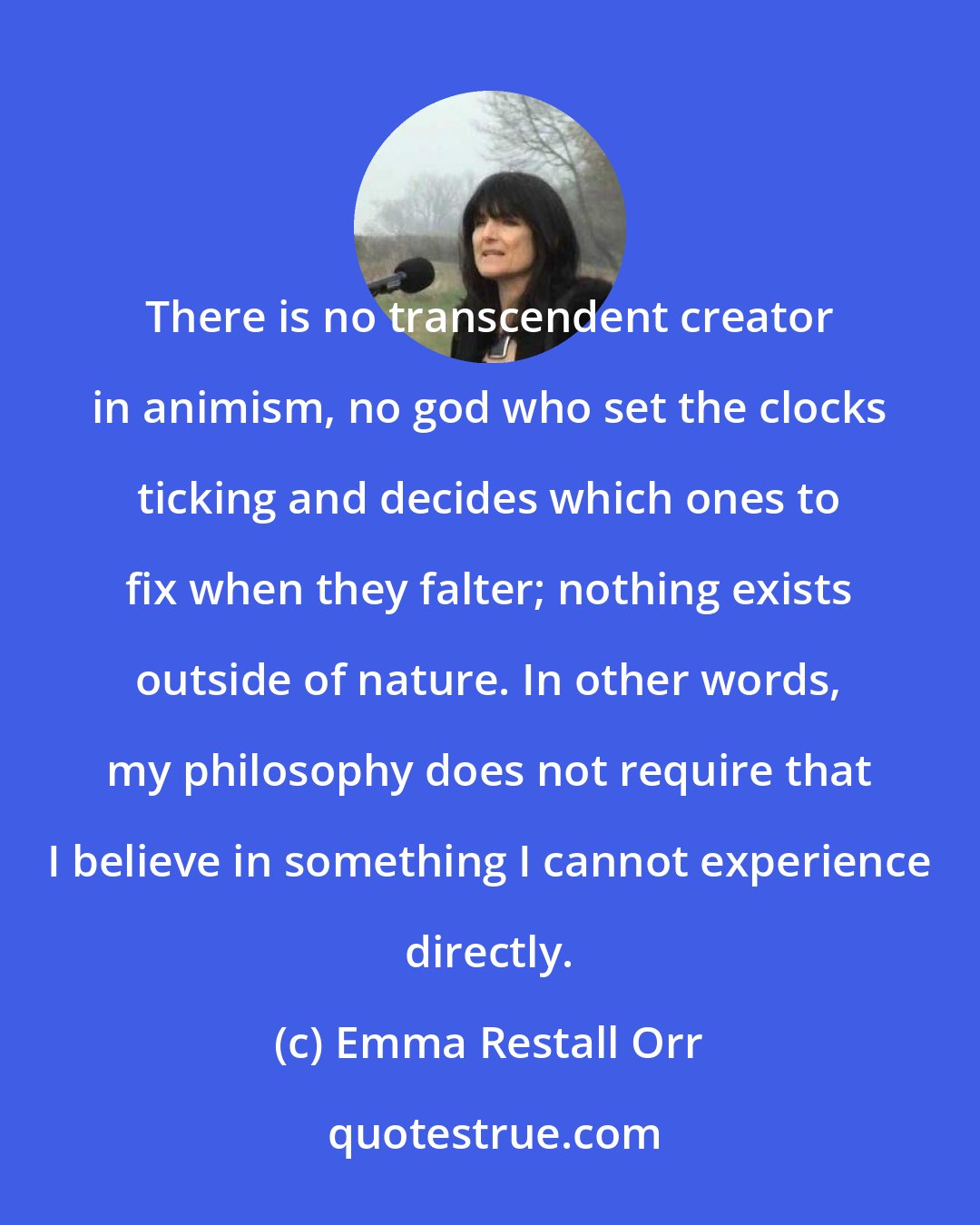 Emma Restall Orr: There is no transcendent creator in animism, no god who set the clocks ticking and decides which ones to fix when they falter; nothing exists outside of nature. In other words, my philosophy does not require that I believe in something I cannot experience directly.