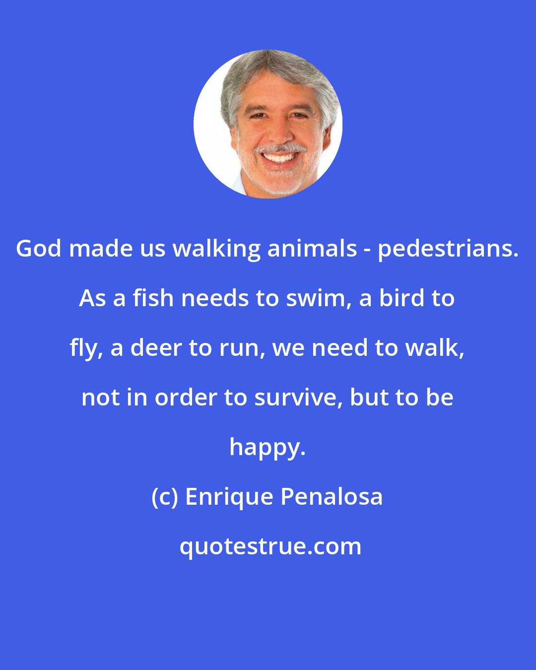Enrique Penalosa: God made us walking animals - pedestrians. As a fish needs to swim, a bird to fly, a deer to run, we need to walk, not in order to survive, but to be happy.