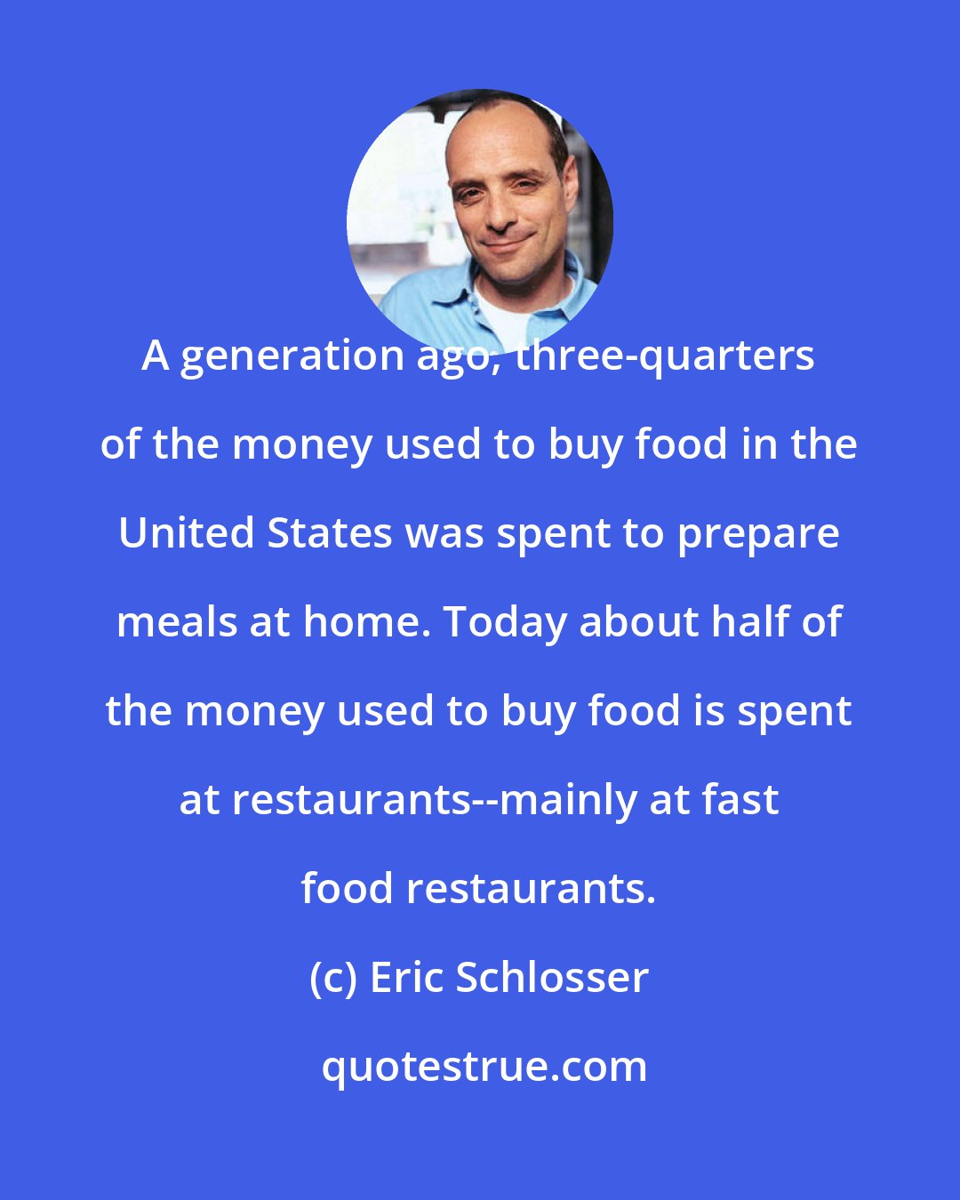 Eric Schlosser: A generation ago, three-quarters of the money used to buy food in the United States was spent to prepare meals at home. Today about half of the money used to buy food is spent at restaurants--mainly at fast food restaurants.