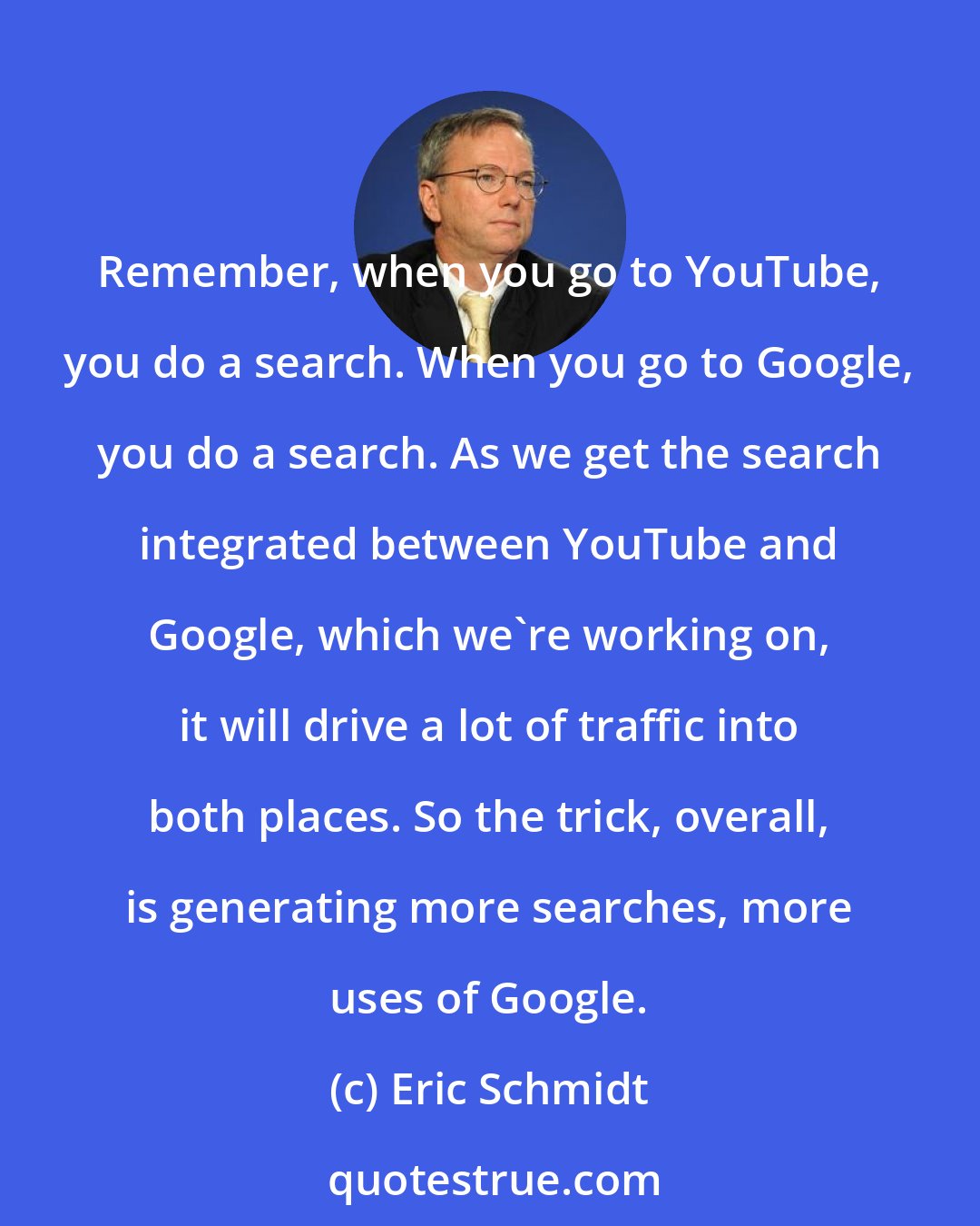 Eric Schmidt: Remember, when you go to YouTube, you do a search. When you go to Google, you do a search. As we get the search integrated between YouTube and Google, which we're working on, it will drive a lot of traffic into both places. So the trick, overall, is generating more searches, more uses of Google.