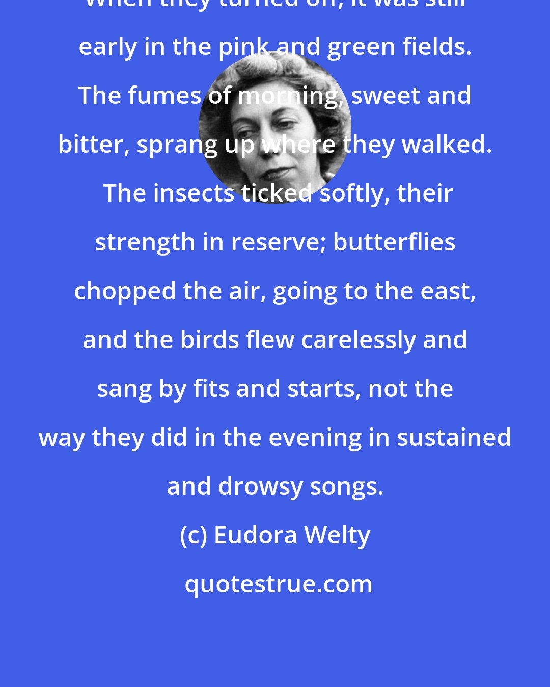 Eudora Welty: When they turned off, it was still early in the pink and green fields. The fumes of morning, sweet and bitter, sprang up where they walked.  The insects ticked softly, their strength in reserve; butterflies chopped the air, going to the east, and the birds flew carelessly and sang by fits and starts, not the way they did in the evening in sustained and drowsy songs.
