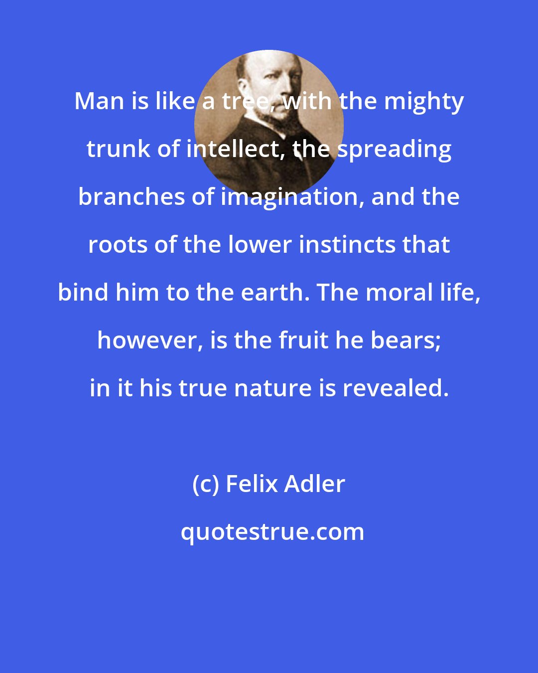 Felix Adler: Man is like a tree, with the mighty trunk of intellect, the spreading branches of imagination, and the roots of the lower instincts that bind him to the earth. The moral life, however, is the fruit he bears; in it his true nature is revealed.