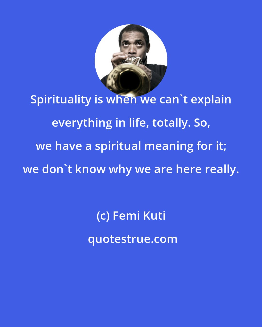 Femi Kuti: Spirituality is when we can't explain everything in life, totally. So, we have a spiritual meaning for it; we don't know why we are here really.