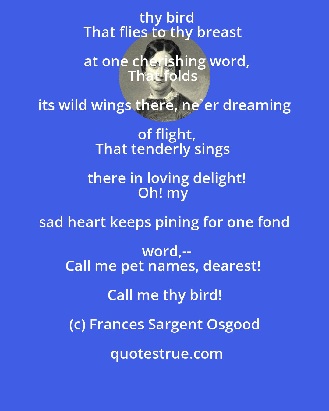 Frances Sargent Osgood: Call me names, dearest! Call me thy bird
That flies to thy breast at one cherishing word,
That folds its wild wings there, ne'er dreaming of flight,
That tenderly sings there in loving delight!
Oh! my sad heart keeps pining for one fond word,--
Call me pet names, dearest! Call me thy bird!