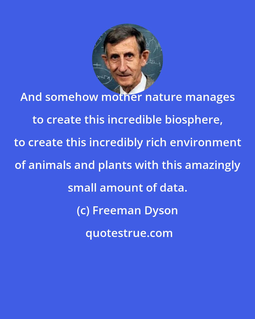 Freeman Dyson: And somehow mother nature manages to create this incredible biosphere, to create this incredibly rich environment of animals and plants with this amazingly small amount of data.