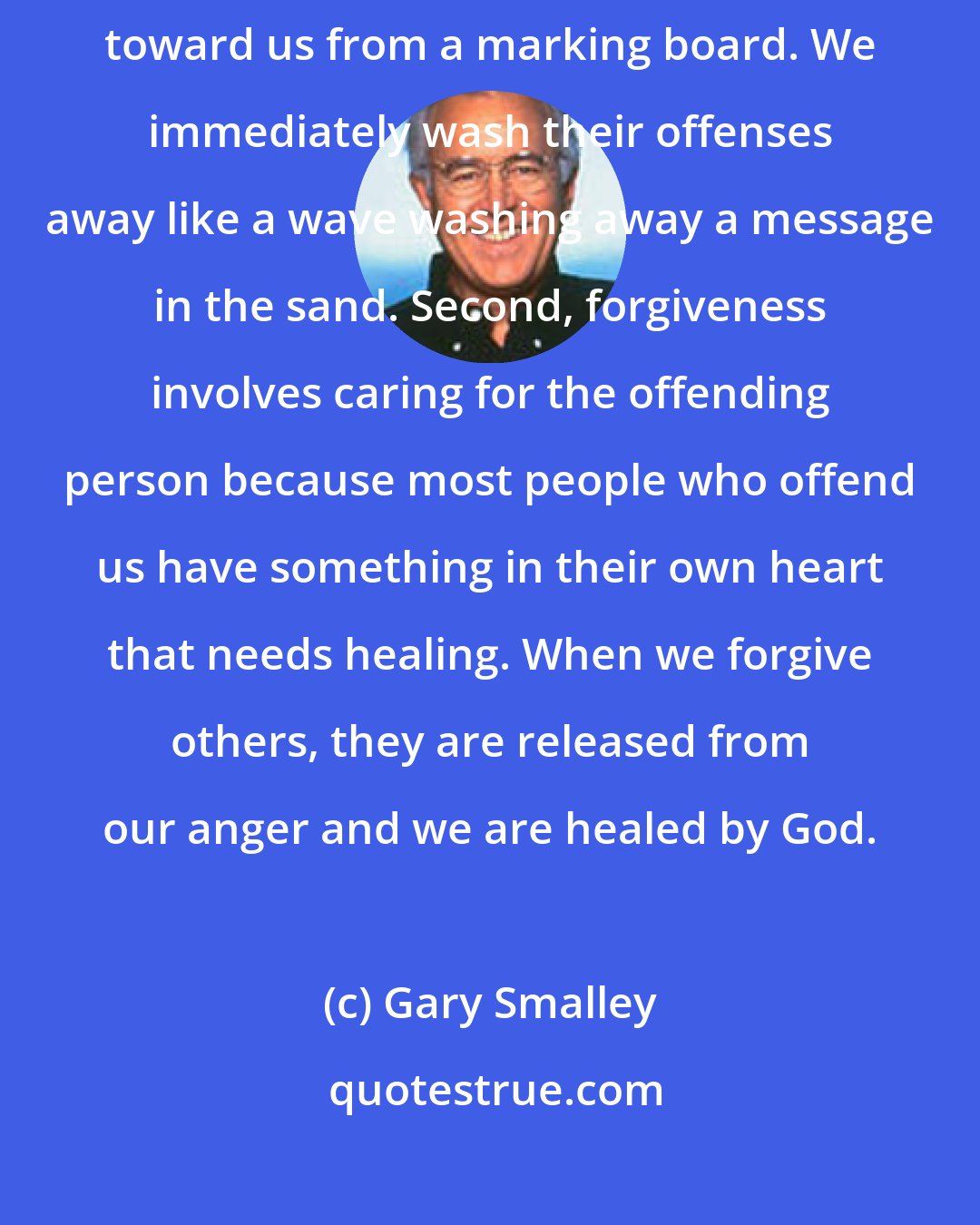 Gary Smalley: Forgiveness involves pardon. Basically, that is like erasing their offenses toward us from a marking board. We immediately wash their offenses away like a wave washing away a message in the sand. Second, forgiveness involves caring for the offending person because most people who offend us have something in their own heart that needs healing. When we forgive others, they are released from our anger and we are healed by God.