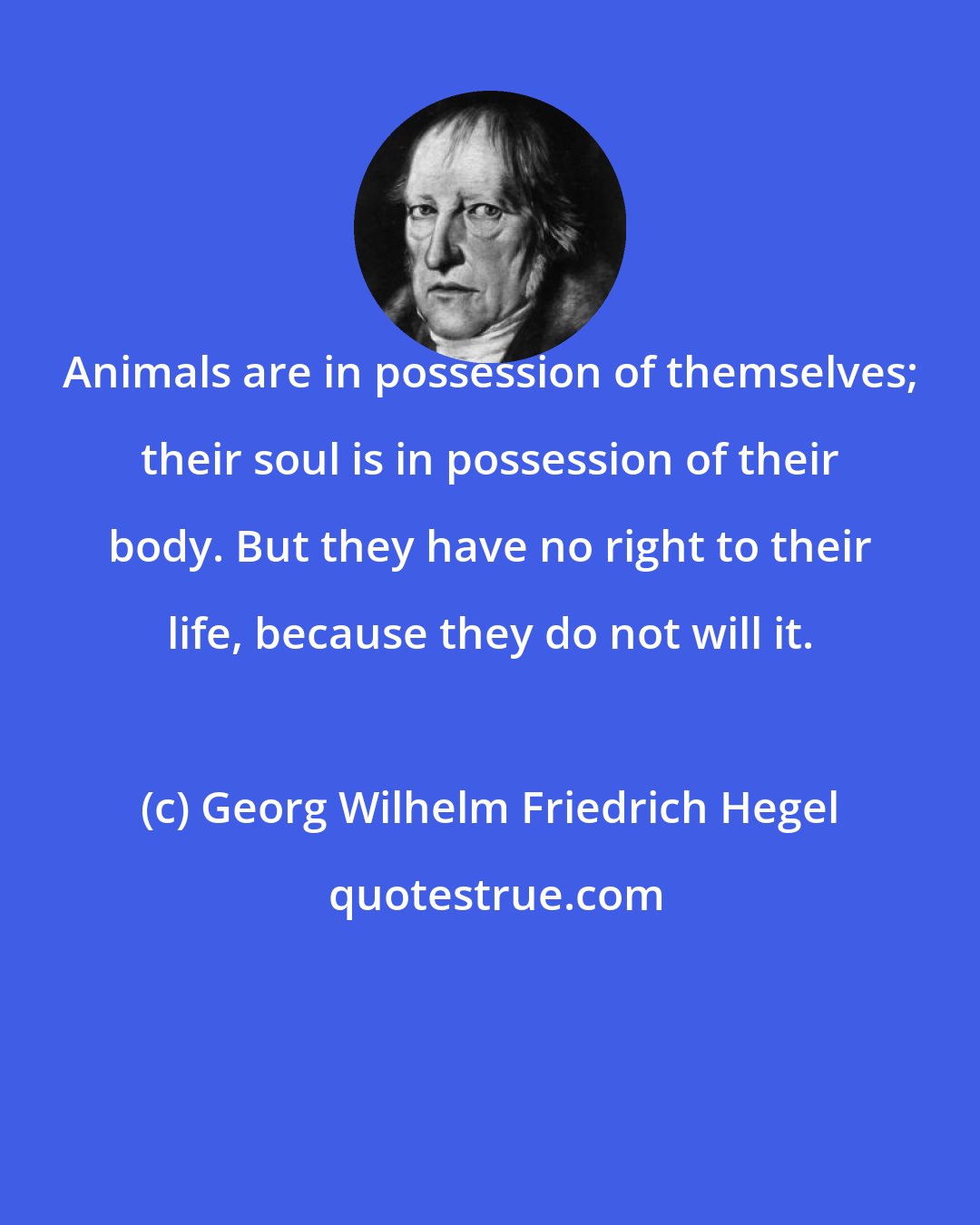 Georg Wilhelm Friedrich Hegel: Animals are in possession of themselves; their soul is in possession of their body. But they have no right to their life, because they do not will it.