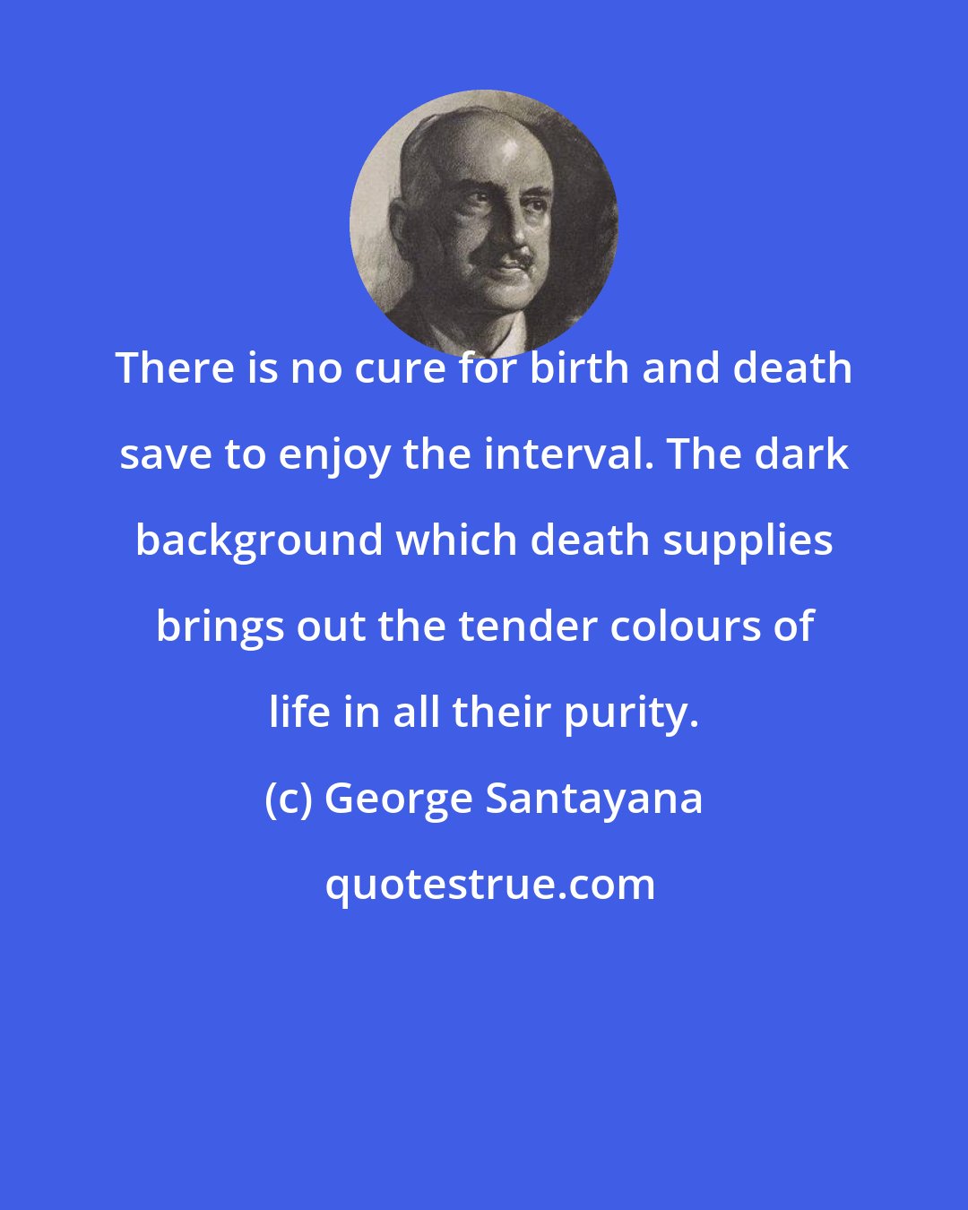 George Santayana: There is no cure for birth and death save to enjoy the interval. The dark background which death supplies brings out the tender colours of life in all their purity.