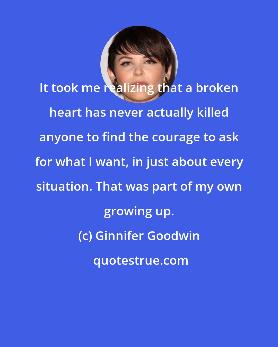 Ginnifer Goodwin: It took me realizing that a broken heart has never actually killed anyone to find the courage to ask for what I want, in just about every situation. That was part of my own growing up.