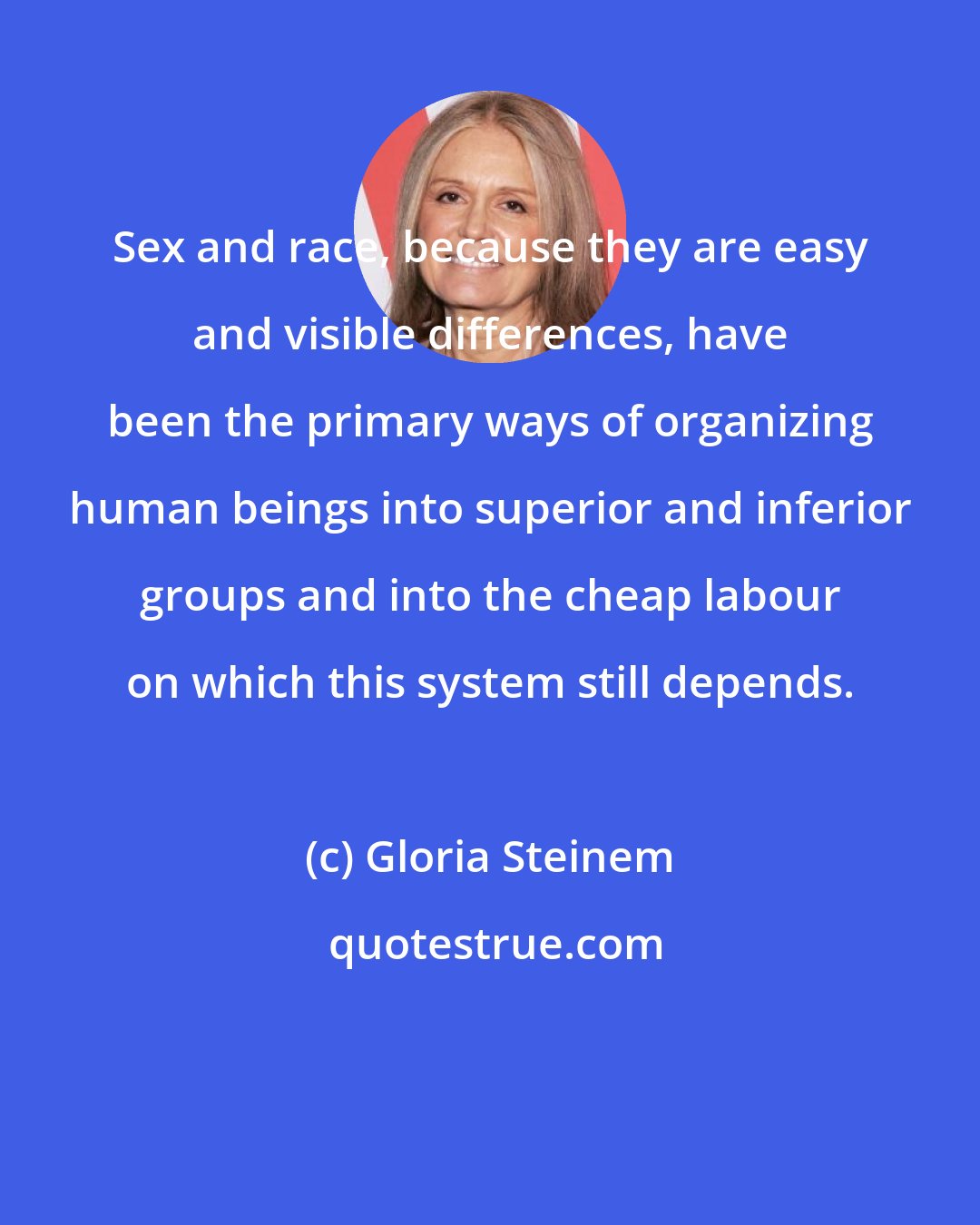 Gloria Steinem: Sex and race, because they are easy and visible differences, have been the primary ways of organizing human beings into superior and inferior groups and into the cheap labour on which this system still depends.