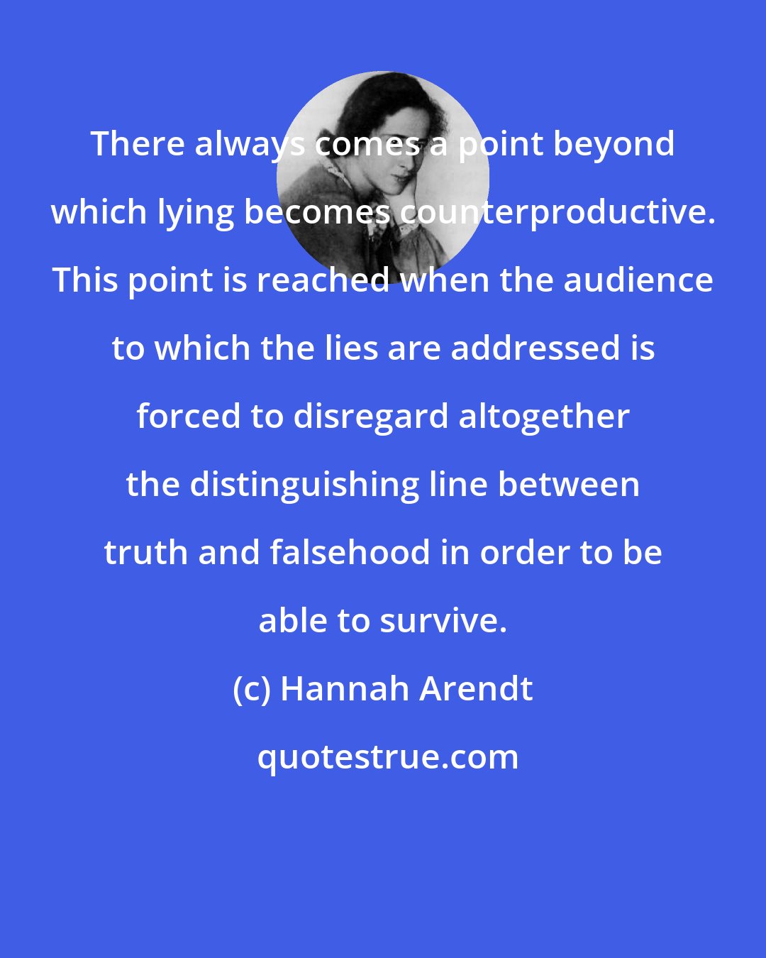 Hannah Arendt: There always comes a point beyond which lying becomes counterproductive. This point is reached when the audience to which the lies are addressed is forced to disregard altogether the distinguishing line between truth and falsehood in order to be able to survive.