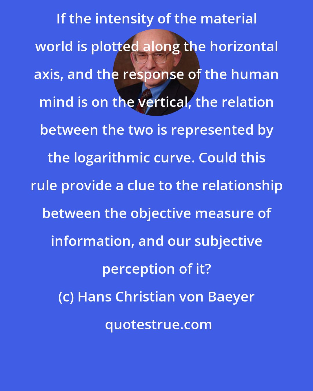 Hans Christian von Baeyer: If the intensity of the material world is plotted along the horizontal axis, and the response of the human mind is on the vertical, the relation between the two is represented by the logarithmic curve. Could this rule provide a clue to the relationship between the objective measure of information, and our subjective perception of it?
