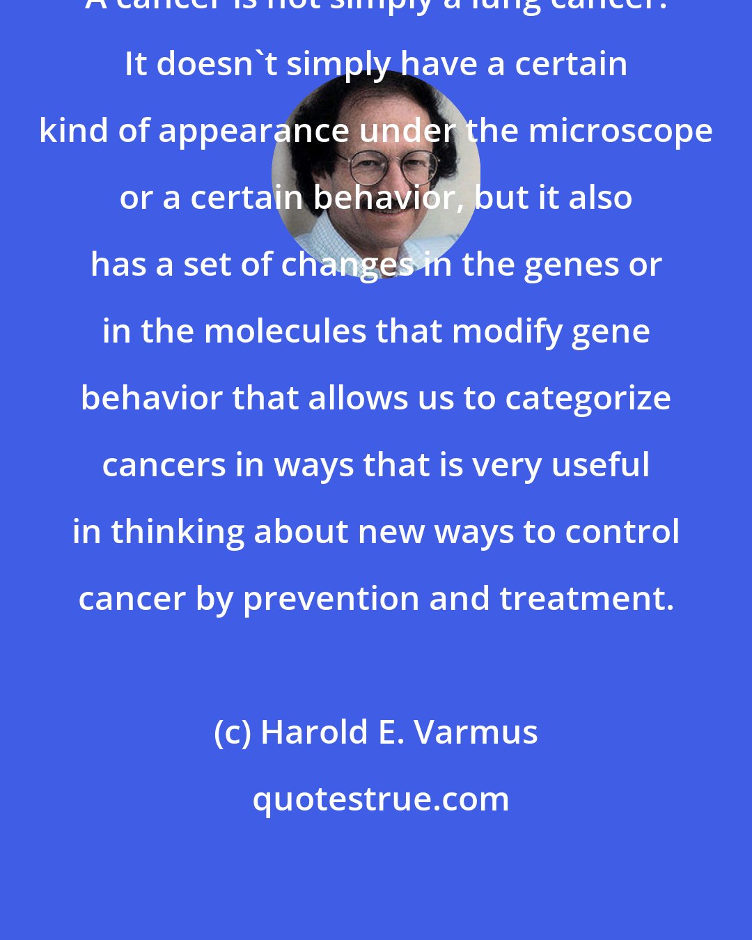 Harold E. Varmus: A cancer is not simply a lung cancer. It doesn't simply have a certain kind of appearance under the microscope or a certain behavior, but it also has a set of changes in the genes or in the molecules that modify gene behavior that allows us to categorize cancers in ways that is very useful in thinking about new ways to control cancer by prevention and treatment.