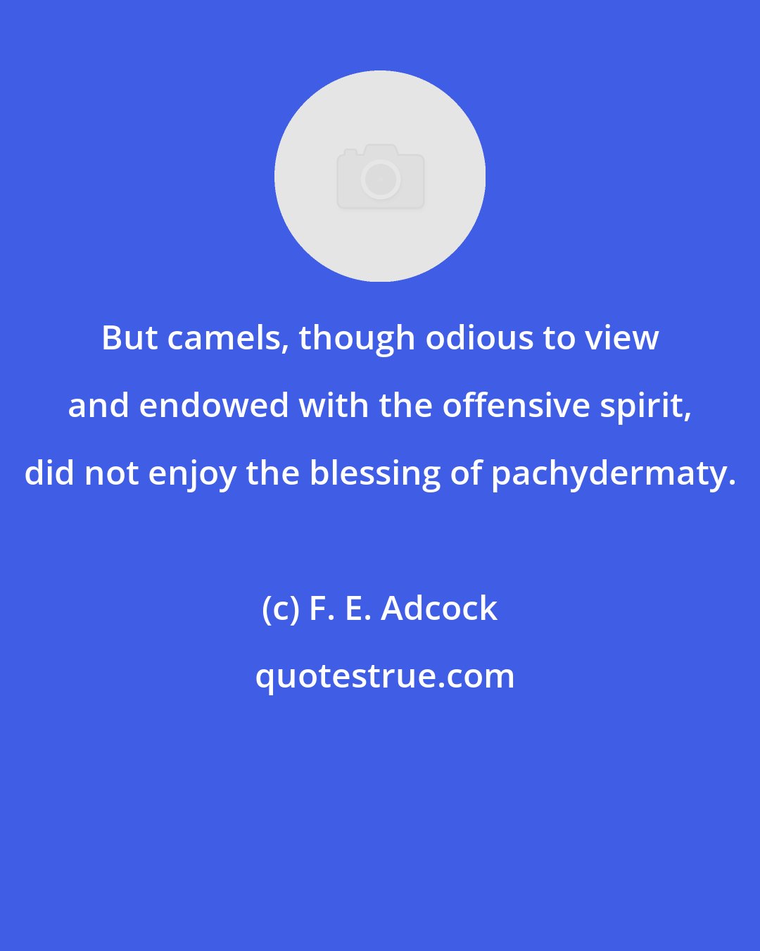 F. E. Adcock: But camels, though odious to view and endowed with the offensive spirit, did not enjoy the blessing of pachydermaty.