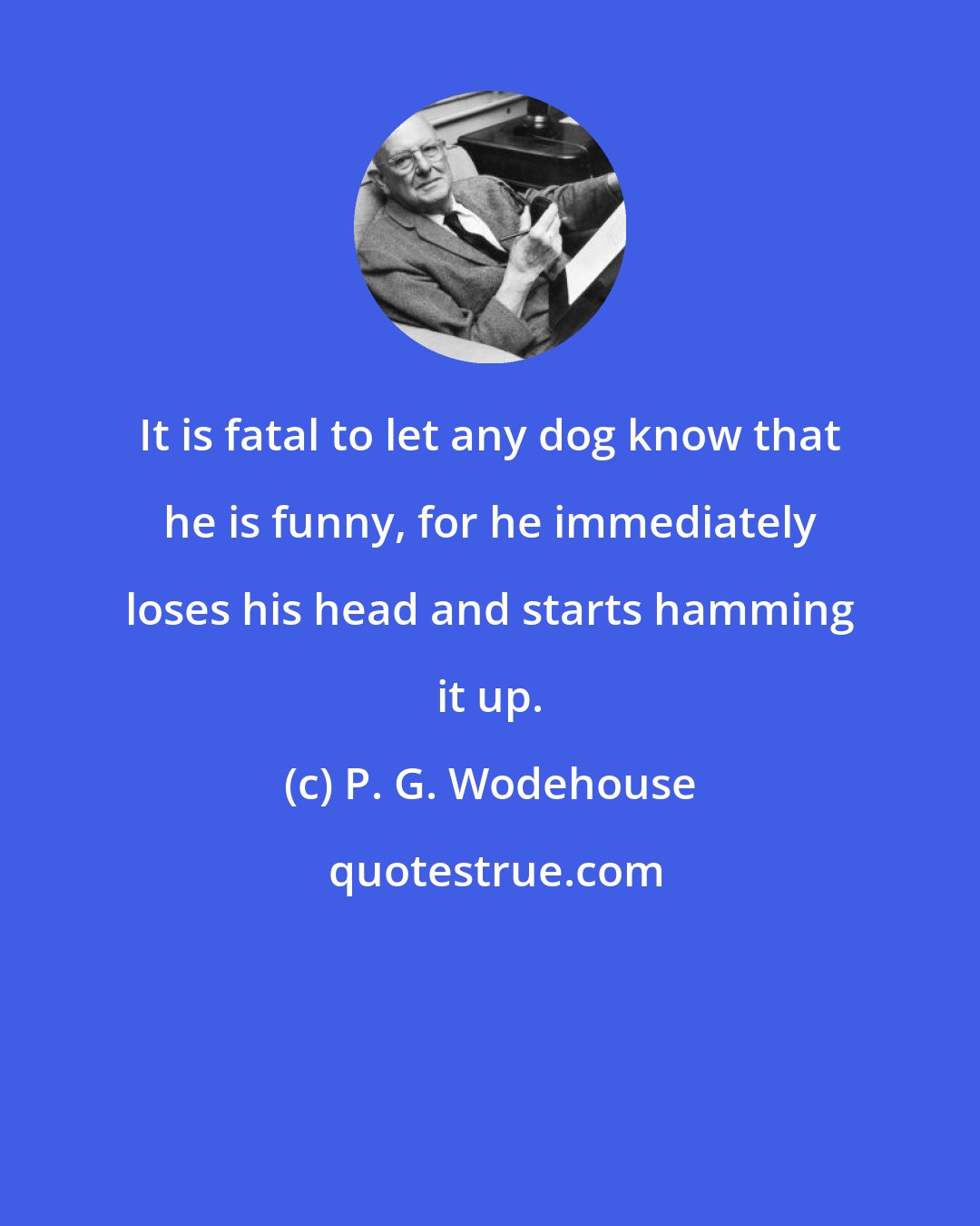 P. G. Wodehouse: It is fatal to let any dog know that he is funny, for he immediately loses his head and starts hamming it up.