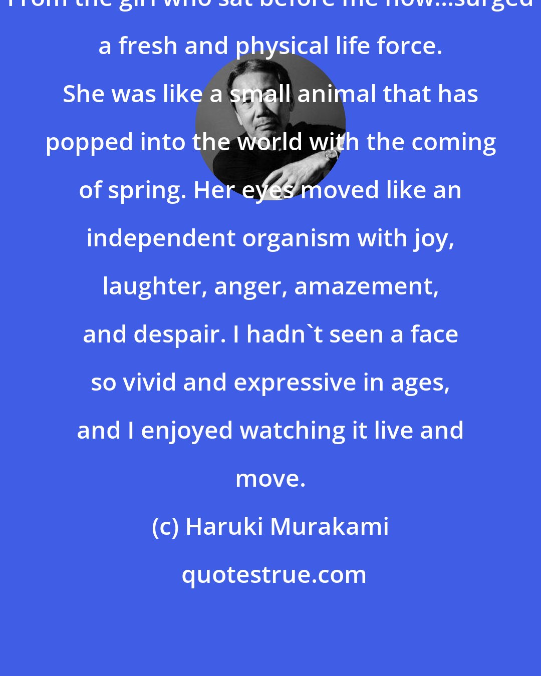 Haruki Murakami: From the girl who sat before me now...surged a fresh and physical life force. She was like a small animal that has popped into the world with the coming of spring. Her eyes moved like an independent organism with joy, laughter, anger, amazement, and despair. I hadn't seen a face so vivid and expressive in ages, and I enjoyed watching it live and move.