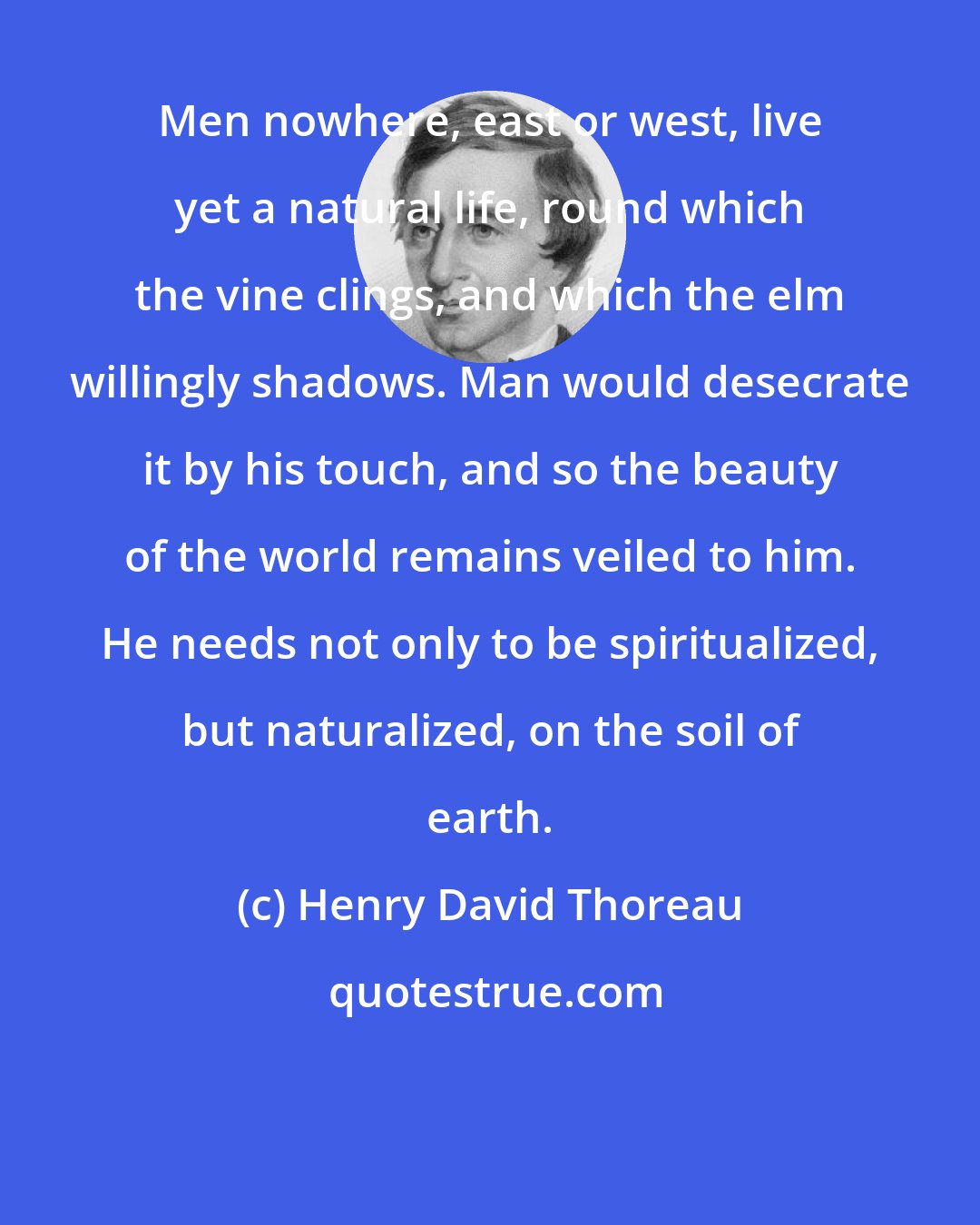 Henry David Thoreau: Men nowhere, east or west, live yet a natural life, round which the vine clings, and which the elm willingly shadows. Man would desecrate it by his touch, and so the beauty of the world remains veiled to him. He needs not only to be spiritualized, but naturalized, on the soil of earth.