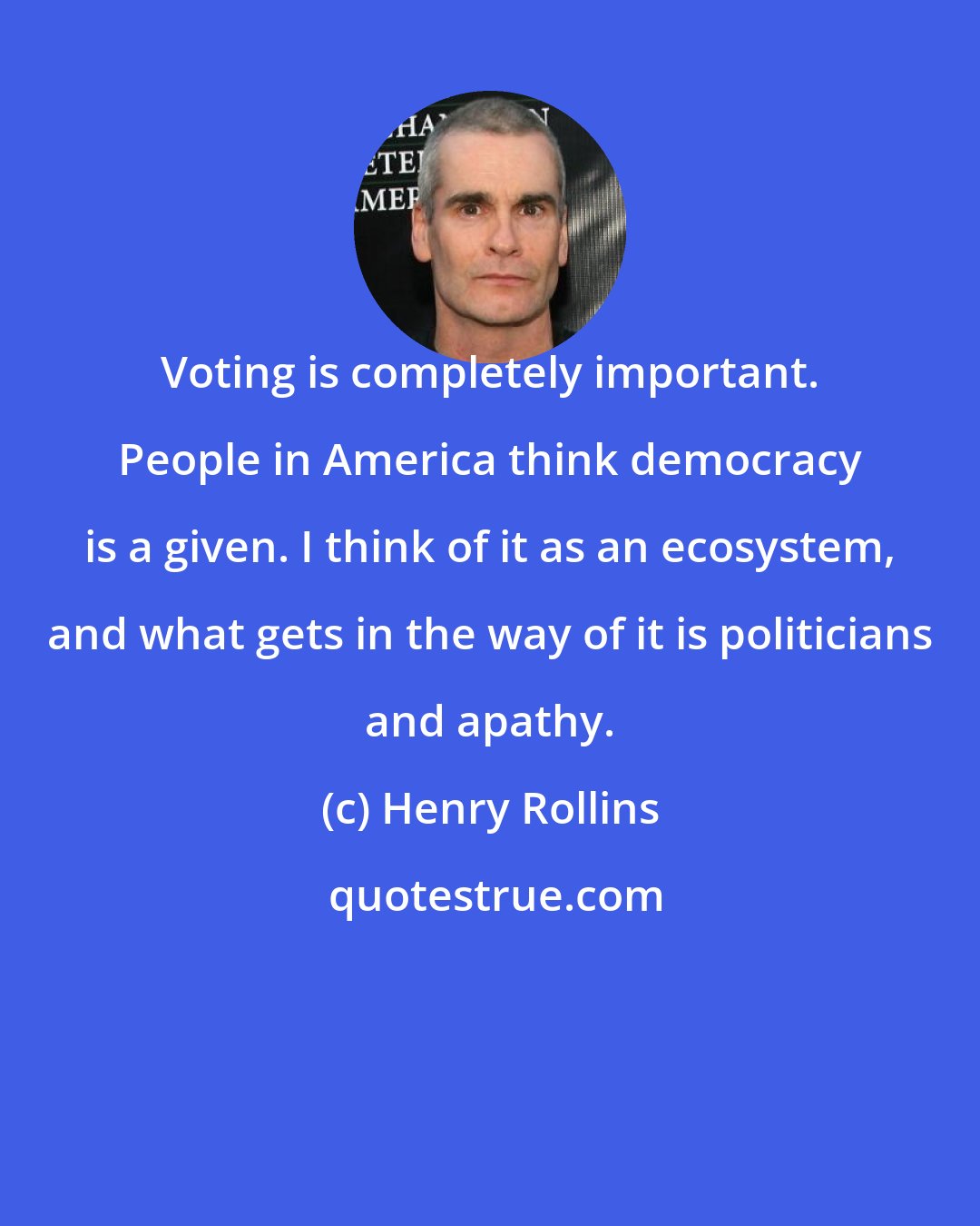 Henry Rollins: Voting is completely important. People in America think democracy is a given. I think of it as an ecosystem, and what gets in the way of it is politicians and apathy.