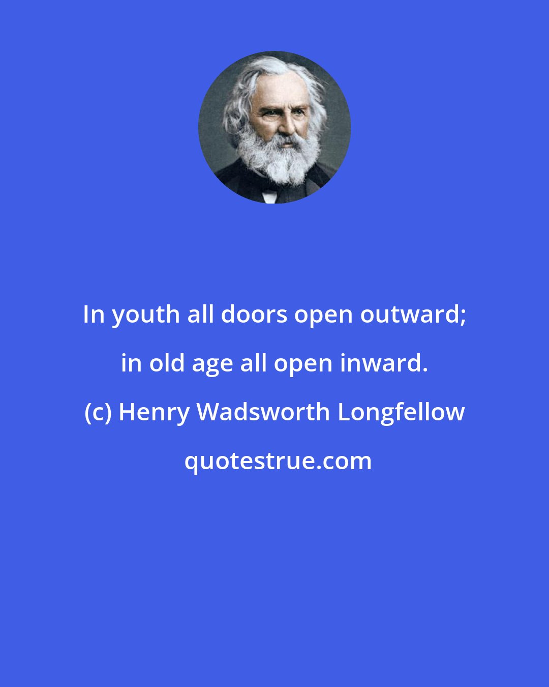 Henry Wadsworth Longfellow: In youth all doors open outward; in old age all open inward.