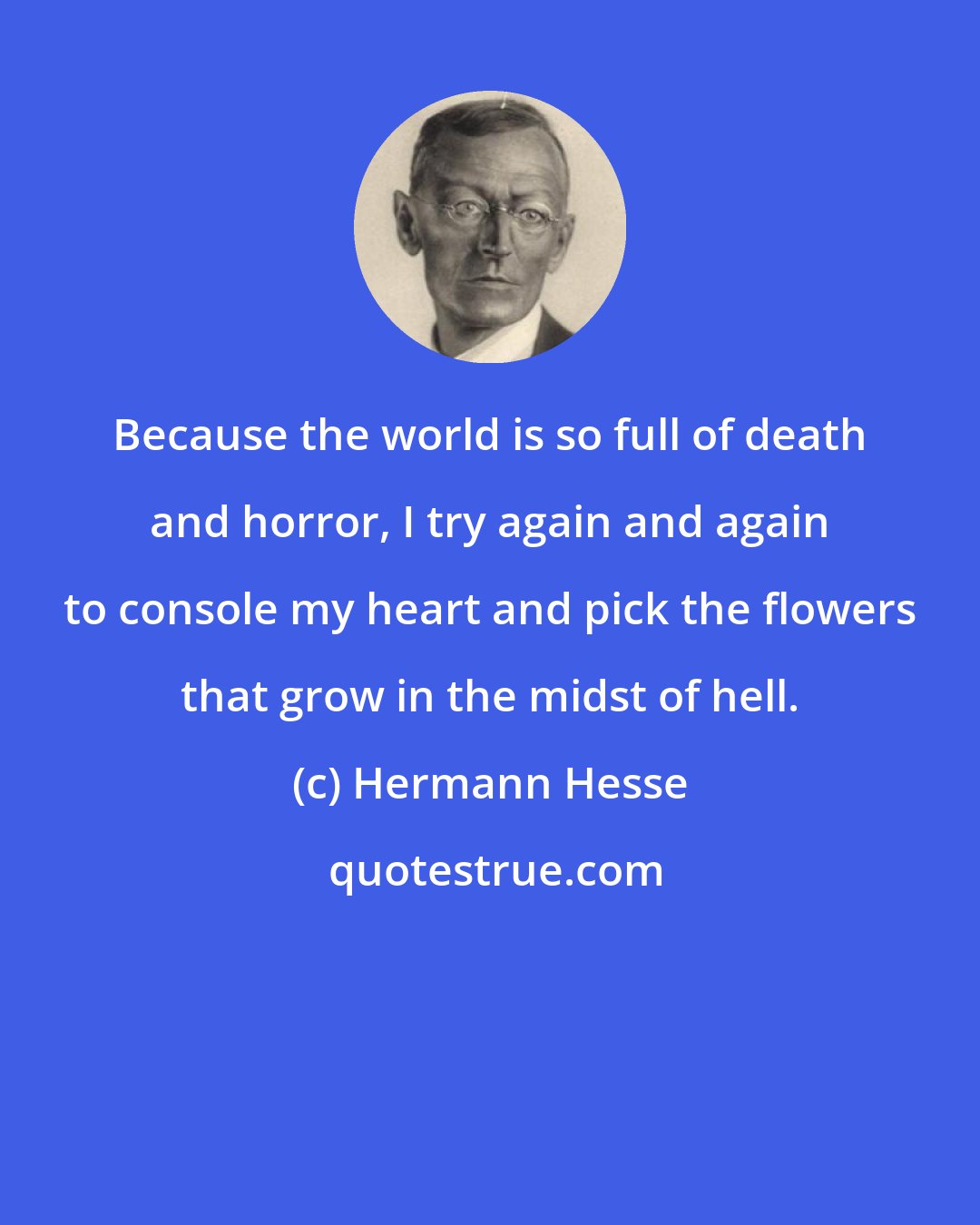 Hermann Hesse: Because the world is so full of death and horror, I try again and again to console my heart and pick the flowers that grow in the midst of hell.