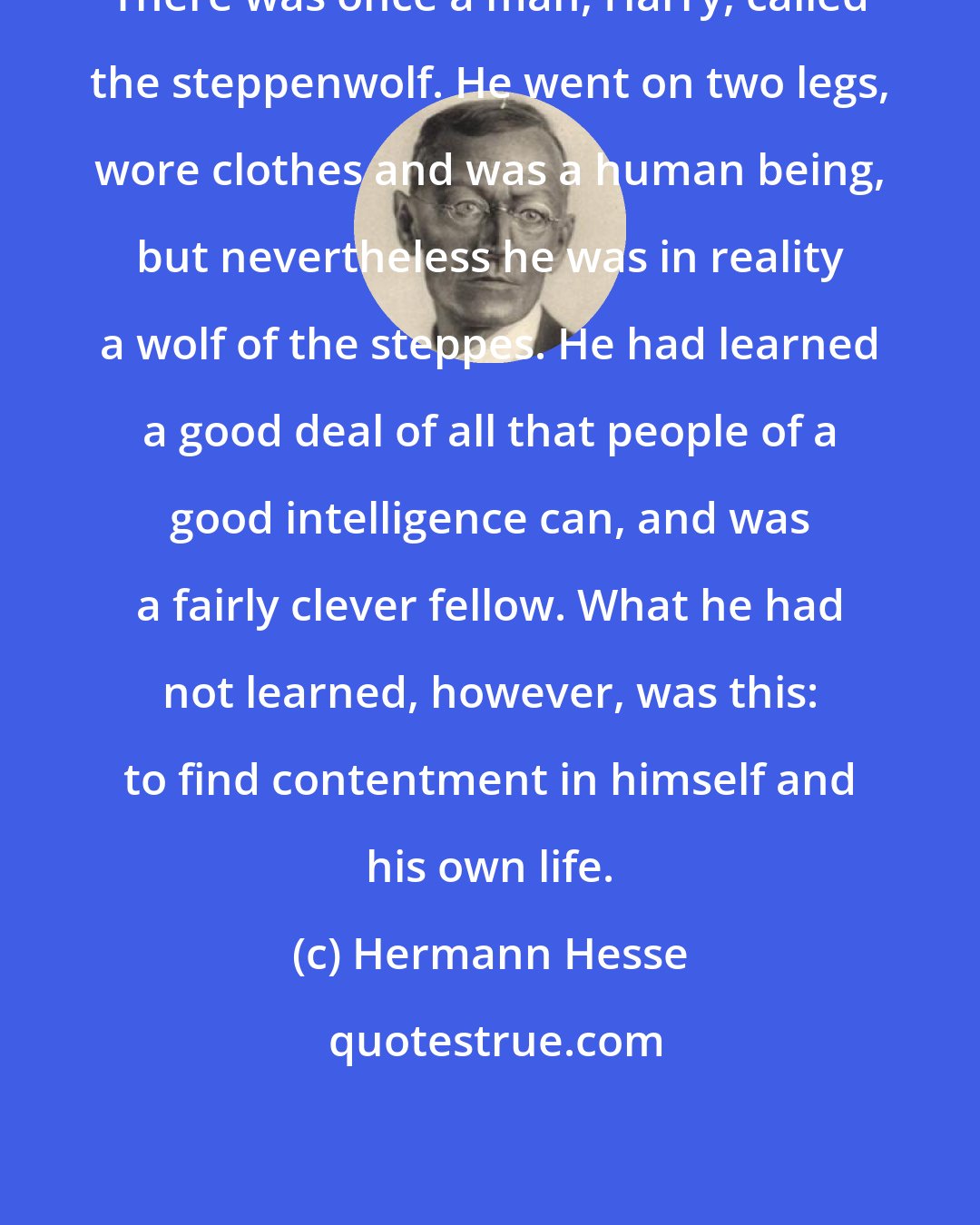 Hermann Hesse: There was once a man, Harry, called the steppenwolf. He went on two legs, wore clothes and was a human being, but nevertheless he was in reality a wolf of the steppes. He had learned a good deal of all that people of a good intelligence can, and was a fairly clever fellow. What he had not learned, however, was this: to find contentment in himself and his own life.