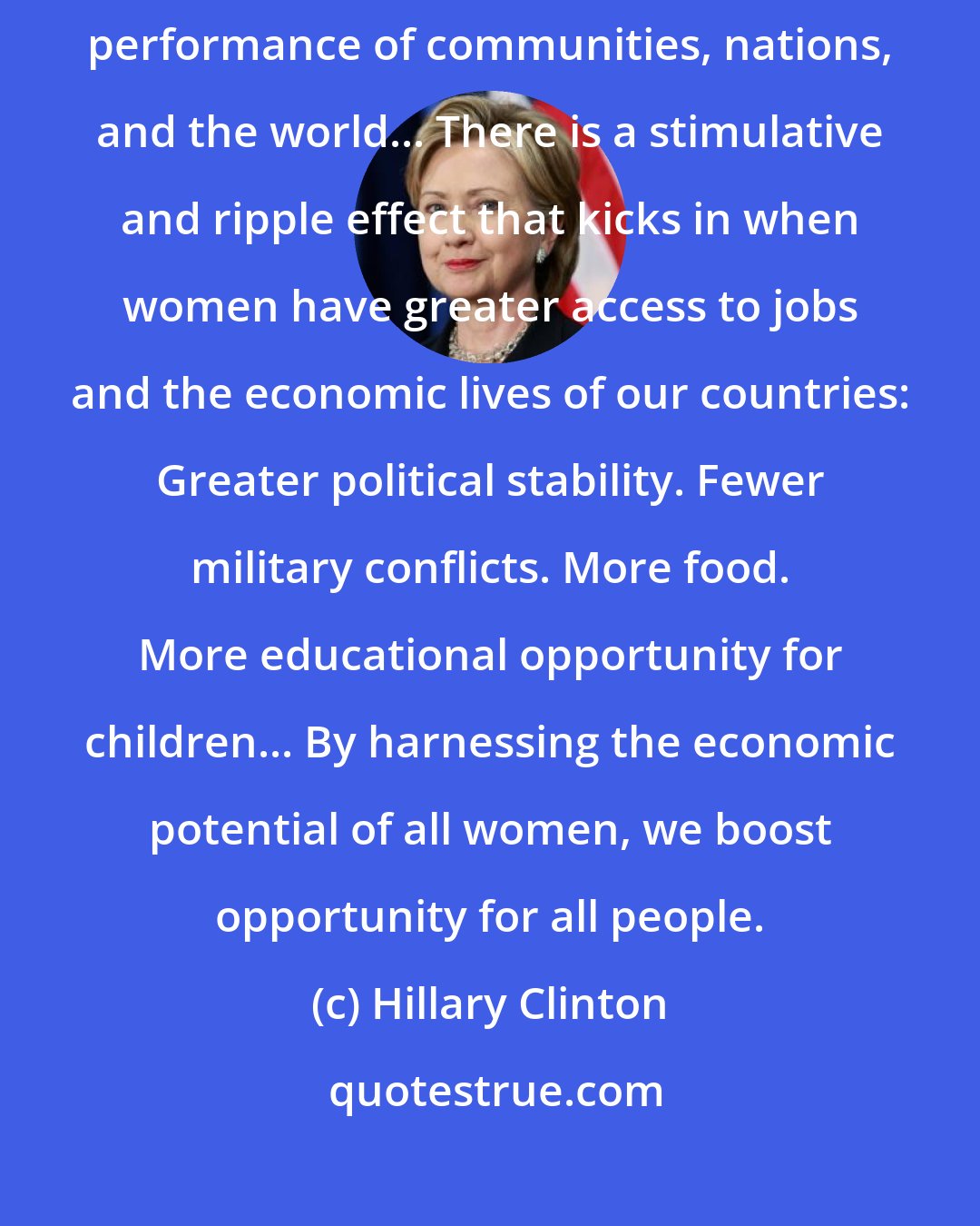 Hillary Clinton: When we liberate the economic potential of women, we elevate the economic performance of communities, nations, and the world... There is a stimulative and ripple effect that kicks in when women have greater access to jobs and the economic lives of our countries: Greater political stability. Fewer military conflicts. More food. More educational opportunity for children... By harnessing the economic potential of all women, we boost opportunity for all people.