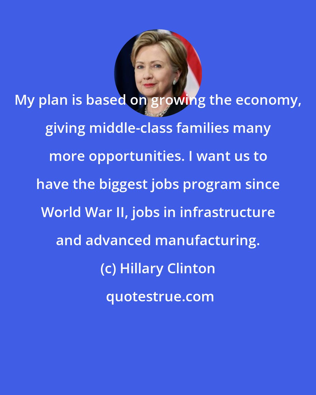 Hillary Clinton: My plan is based on growing the economy, giving middle-class families many more opportunities. I want us to have the biggest jobs program since World War II, jobs in infrastructure and advanced manufacturing.