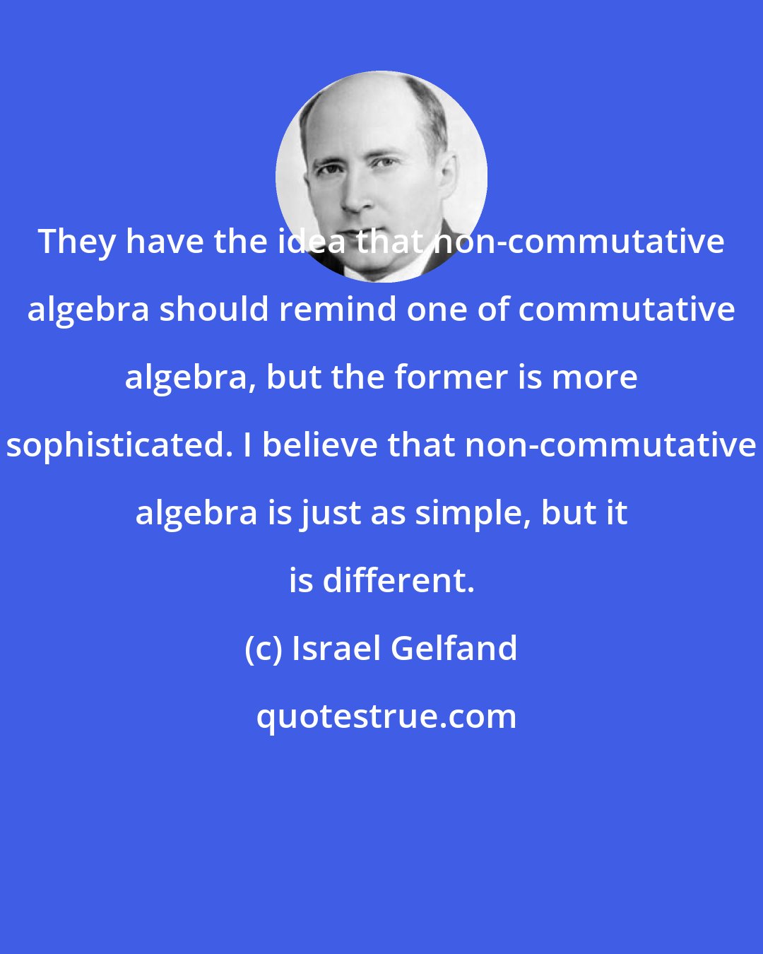 Israel Gelfand: They have the idea that non-commutative algebra should remind one of commutative algebra, but the former is more sophisticated. I believe that non-commutative algebra is just as simple, but it is different.