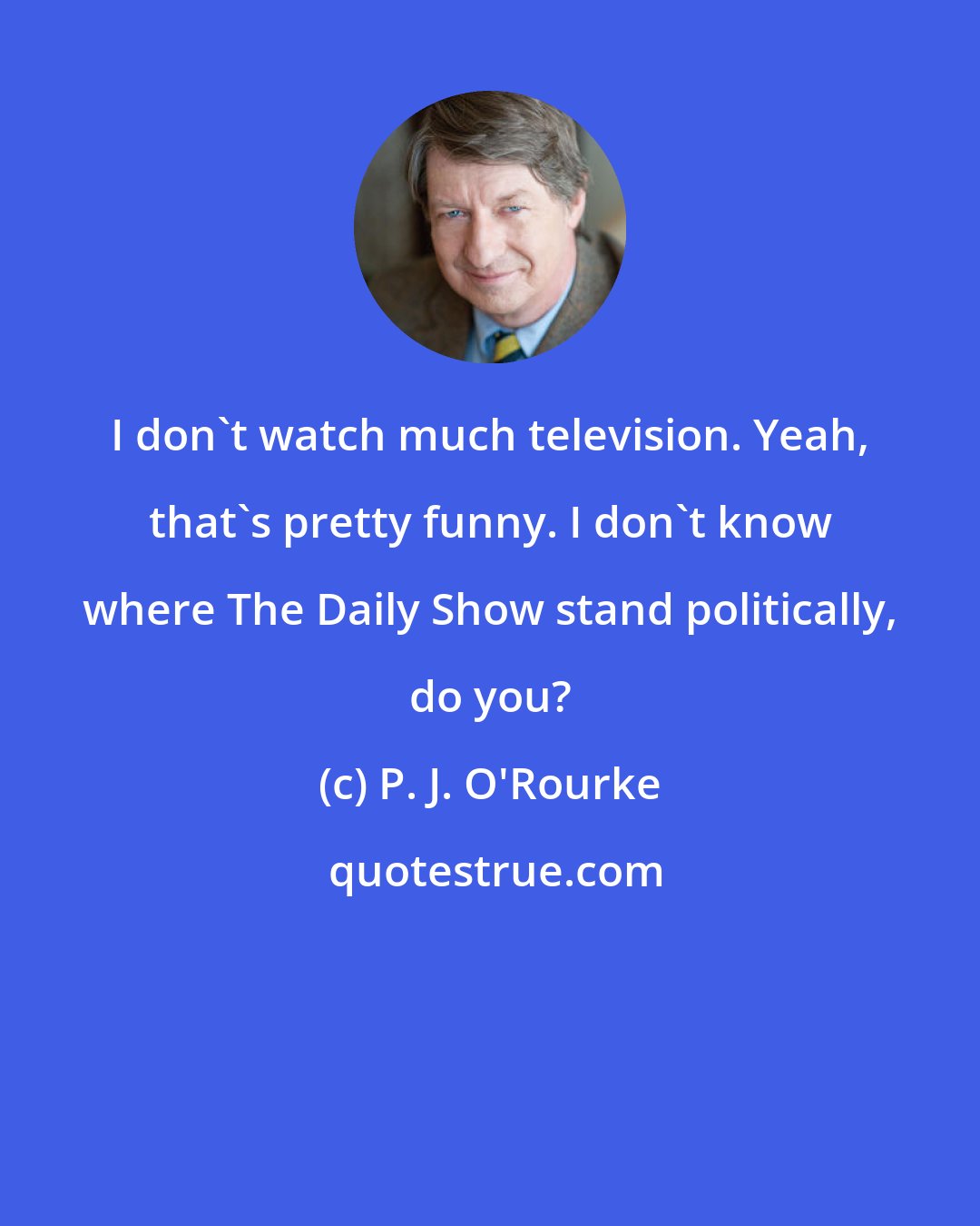 P. J. O'Rourke: I don't watch much television. Yeah, that's pretty funny. I don't know where The Daily Show stand politically, do you?