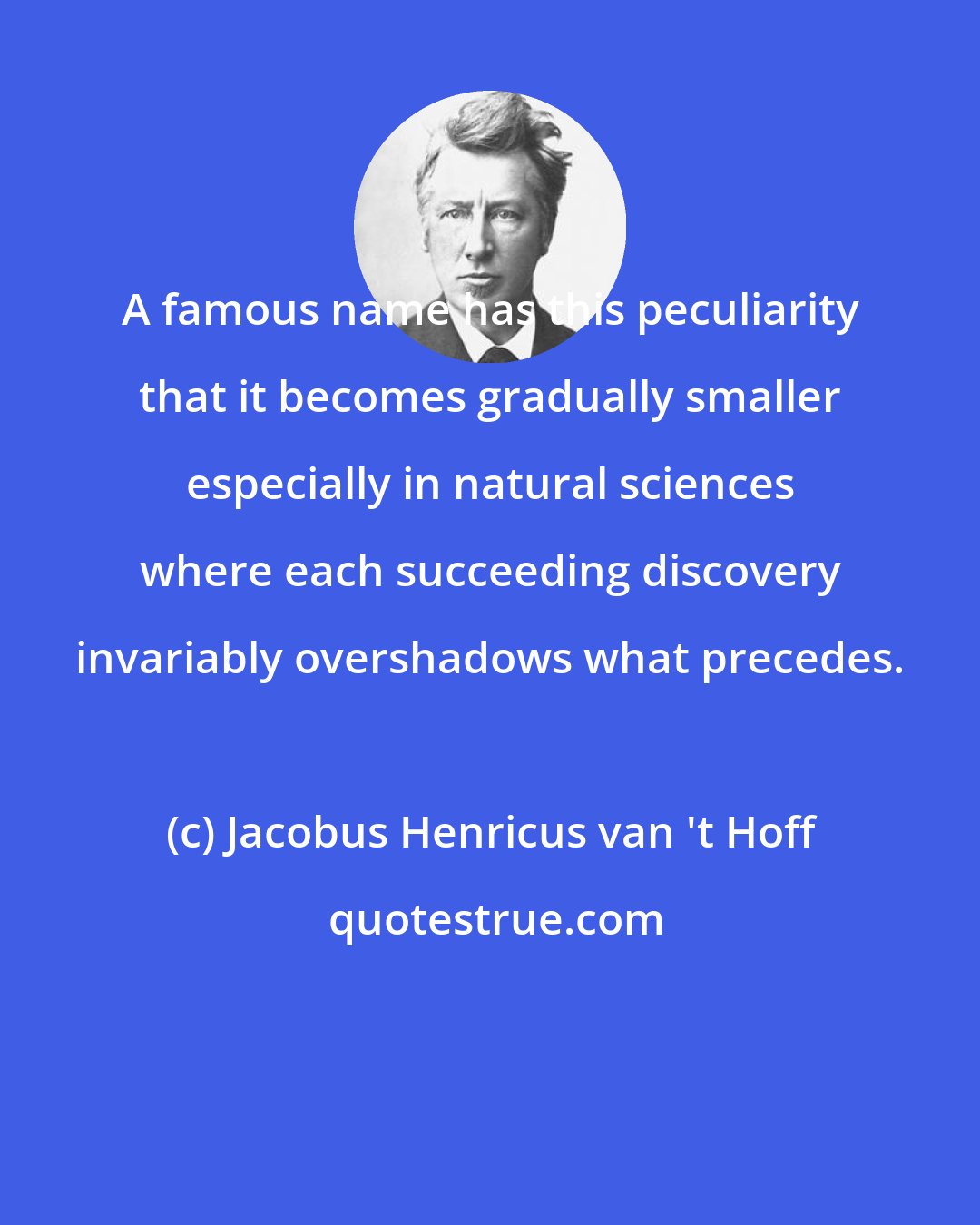 Jacobus Henricus van 't Hoff: A famous name has this peculiarity that it becomes gradually smaller especially in natural sciences where each succeeding discovery invariably overshadows what precedes.