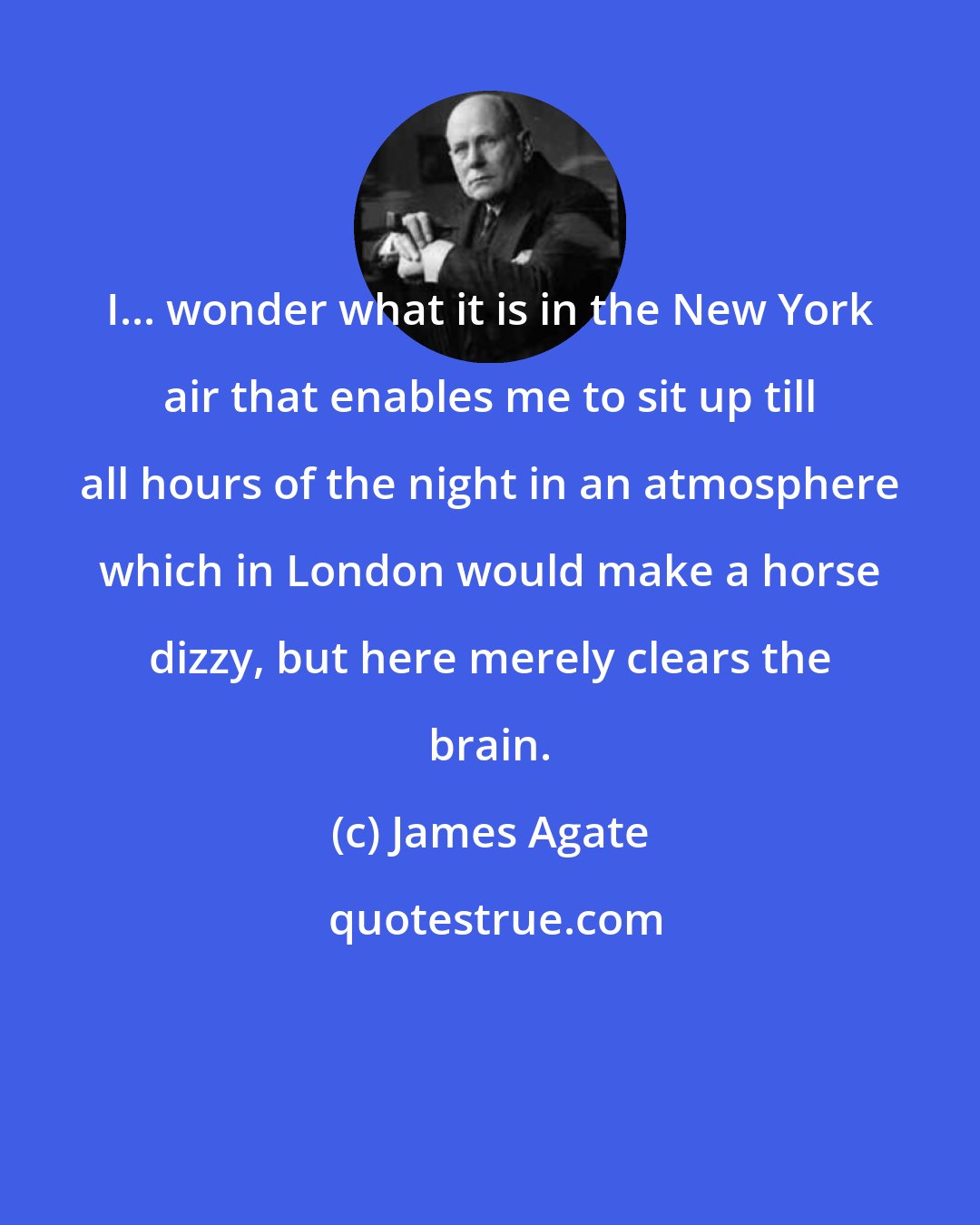James Agate: I... wonder what it is in the New York air that enables me to sit up till all hours of the night in an atmosphere which in London would make a horse dizzy, but here merely clears the brain.