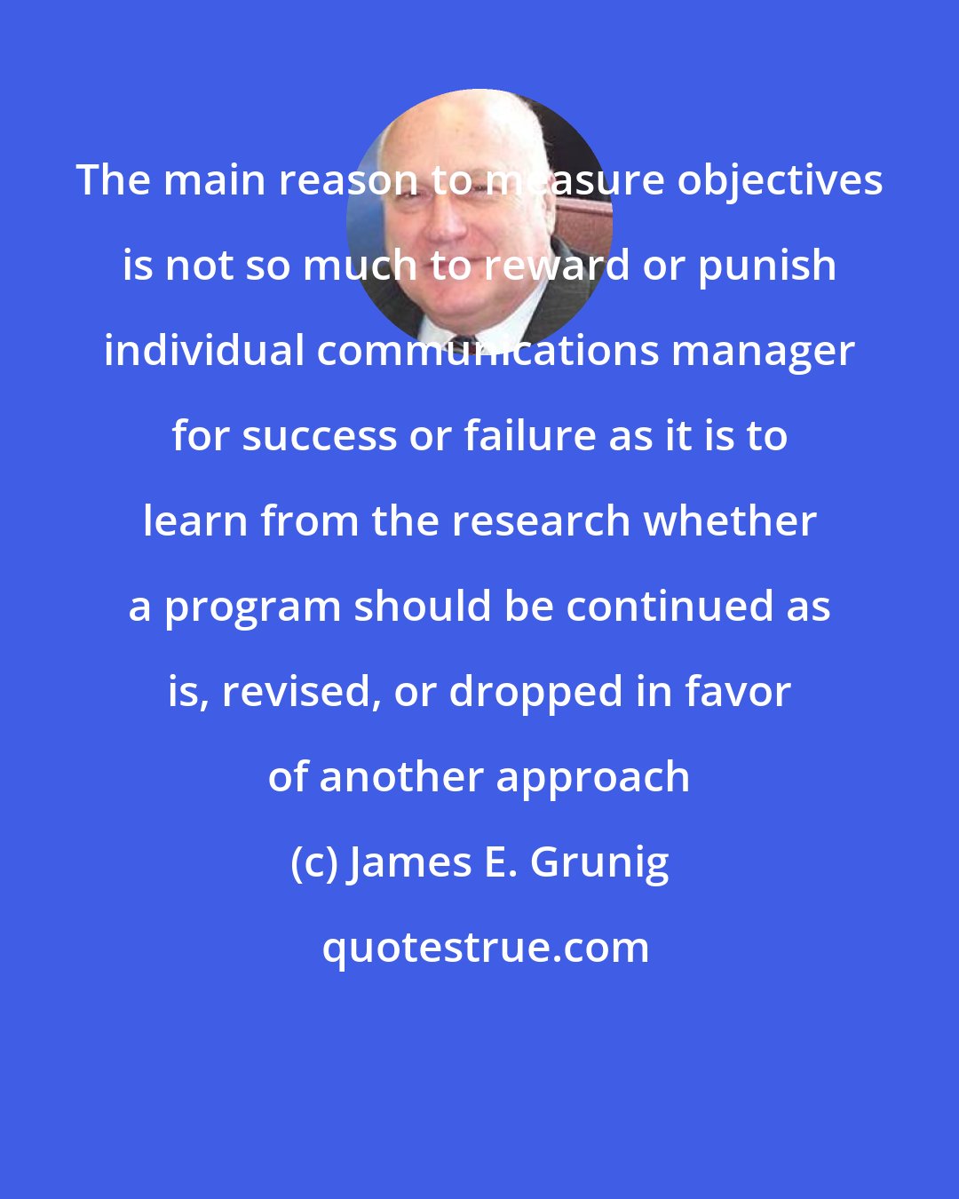 James E. Grunig: The main reason to measure objectives is not so much to reward or punish individual communications manager for success or failure as it is to learn from the research whether a program should be continued as is, revised, or dropped in favor of another approach