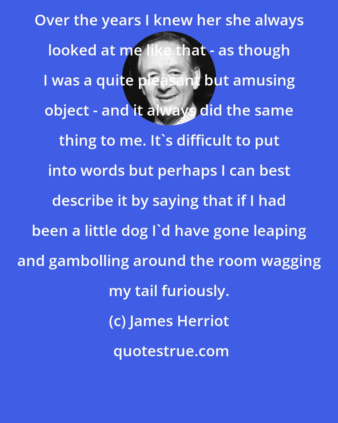 James Herriot: Over the years I knew her she always looked at me like that - as though I was a quite pleasant but amusing object - and it always did the same thing to me. It's difficult to put into words but perhaps I can best describe it by saying that if I had been a little dog I'd have gone leaping and gambolling around the room wagging my tail furiously.
